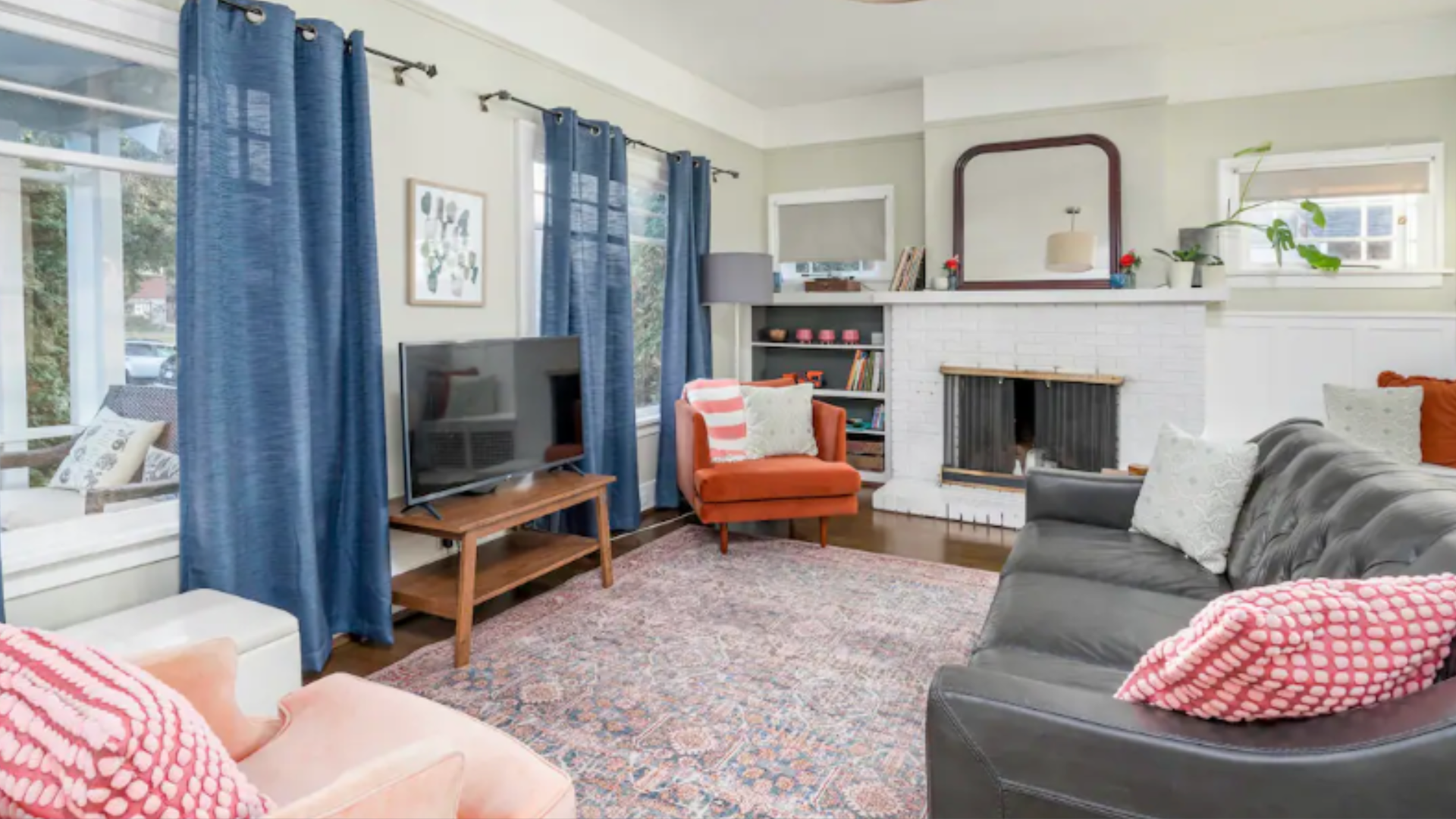 A colorful living room in a Spokane Airbnb. 