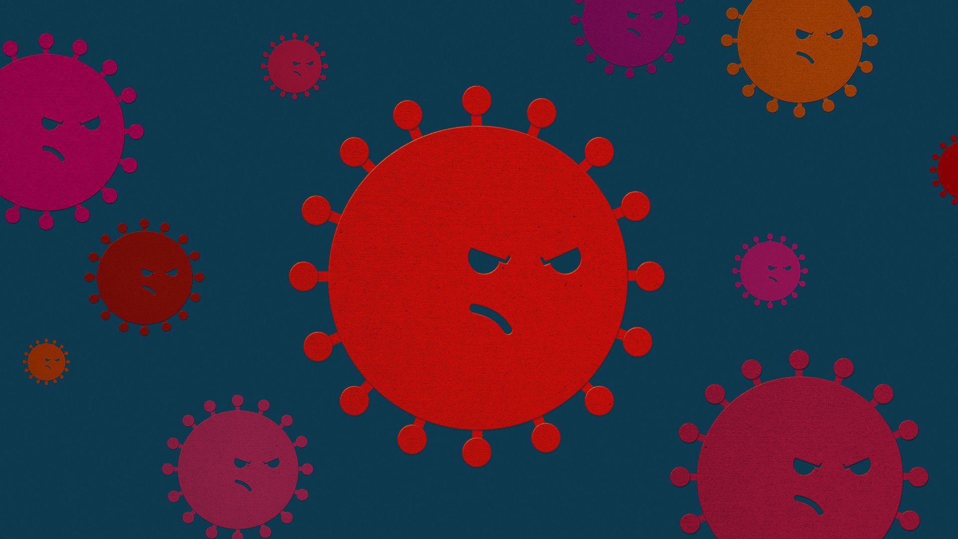 Illustration of angry anthropomorphic COVID-19 molecules in a variety of colors.