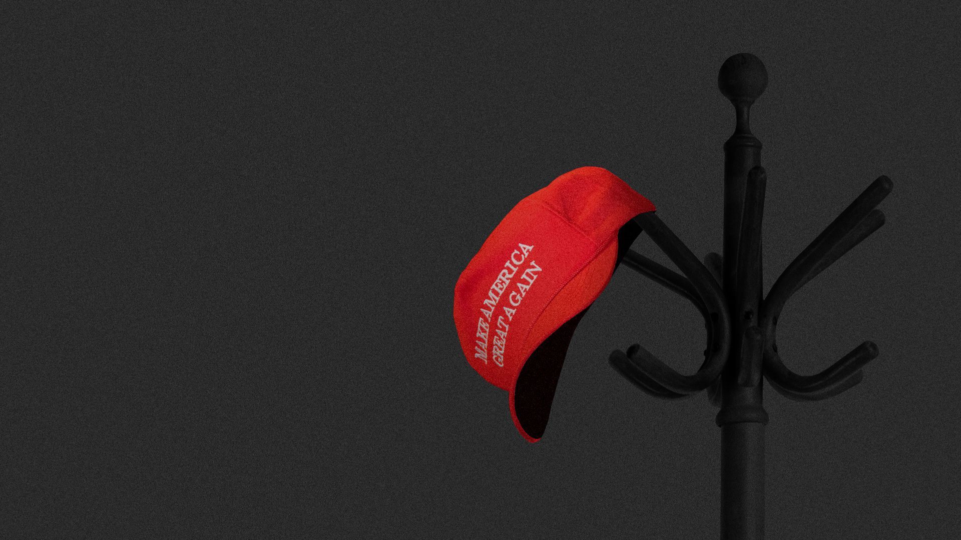 Axios illustration: Make America Great Again head hangs on an ominous coat rack
