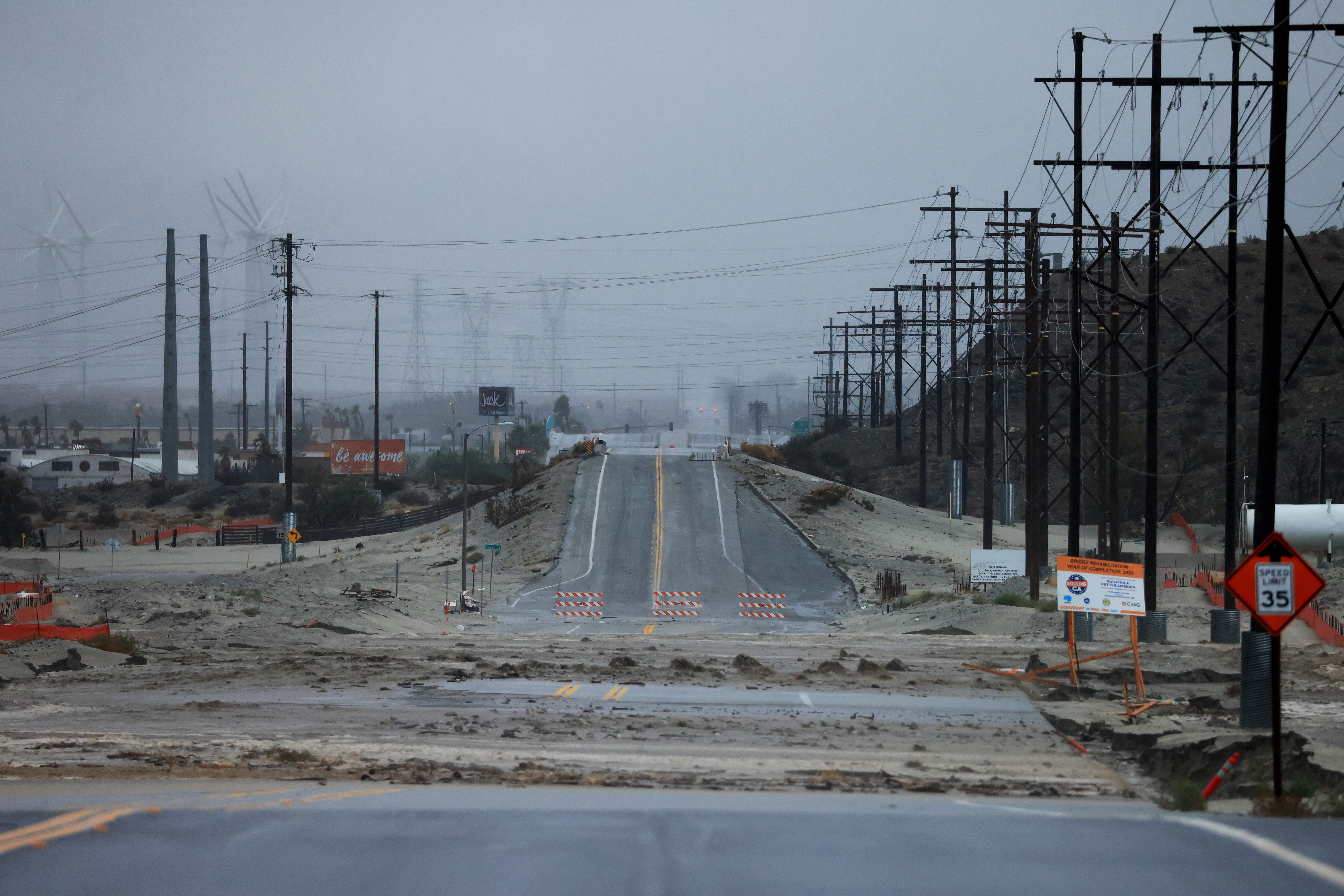  A road is washed out as Tropical Storm Hilary heads north into Palm Springs, California, on August 20, 2023. Heavy rains lashed California as Tropical Storm Hilary raced in from Mexico, bringing warnings of potentially life-threatening flooding in the typically arid southwestern United States