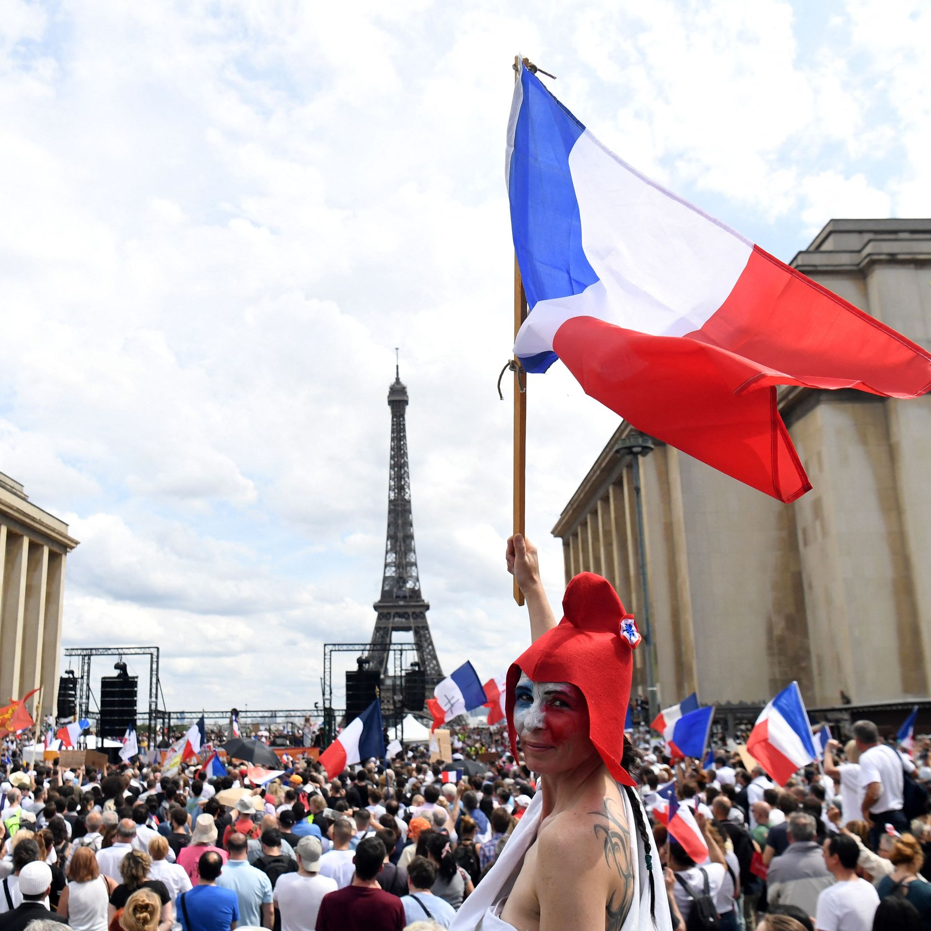 Protesters demonstrating against the compulsory vaccination for certain workers and the mandatory use of the health pass called by the French government in Paris on July 21