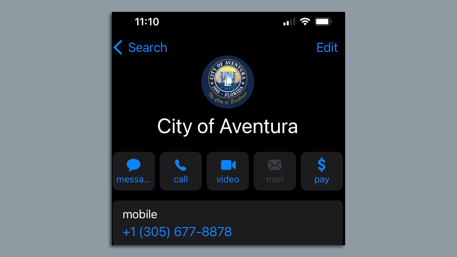 A iPhone contact with "City of Aventura" as the recipient.