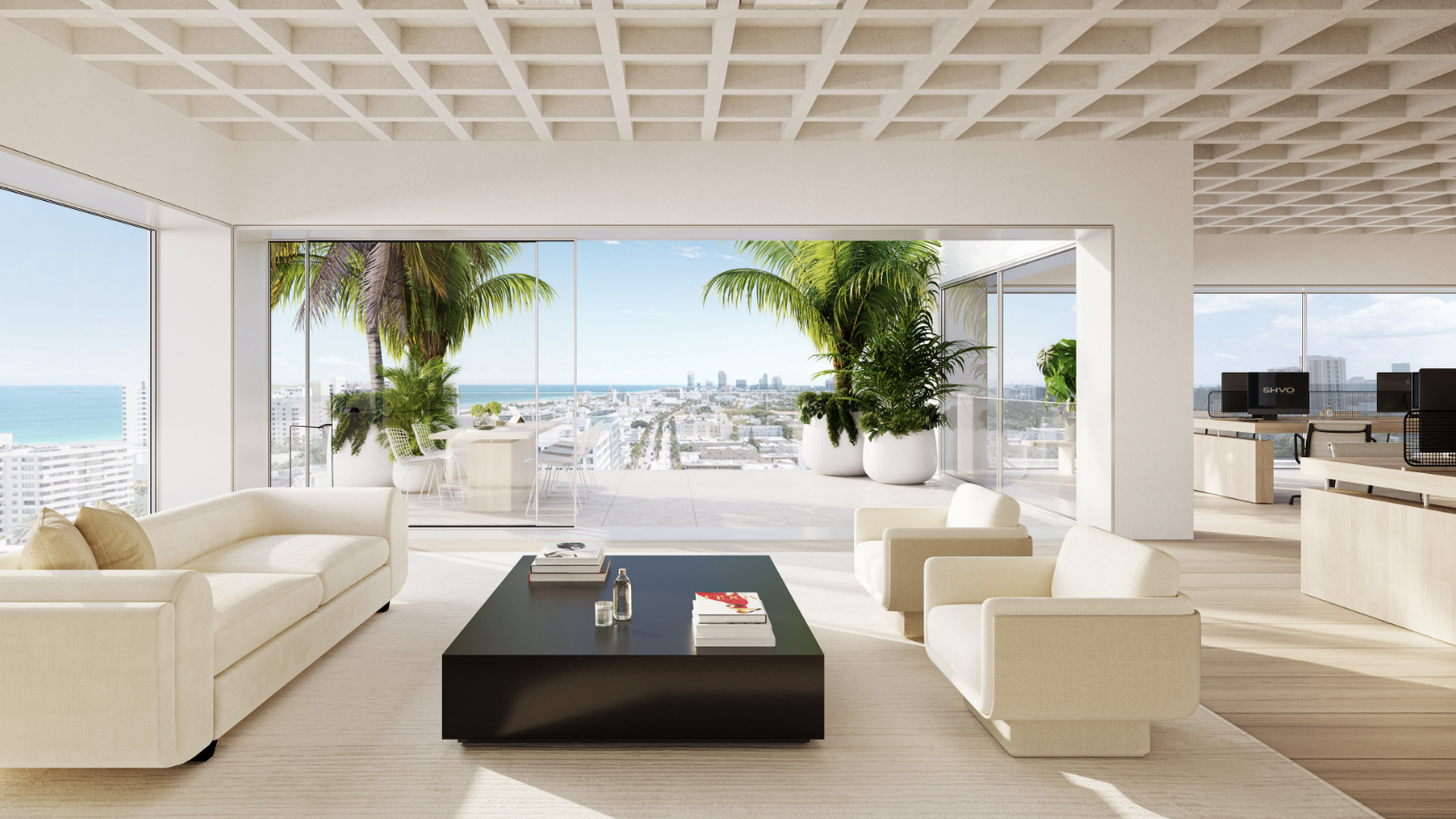 Two white couches and a dark coffee table in a sunlit room with white ceiling 
