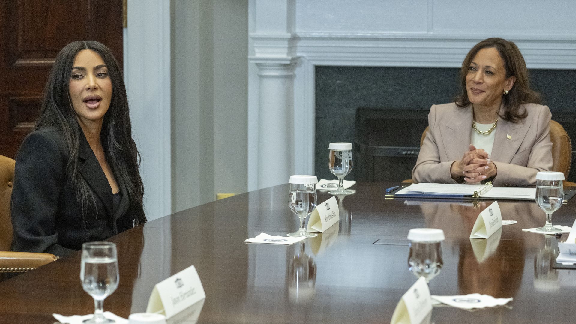 Kim Kardashian with Vice President Kamala Harris at a White House roundtable