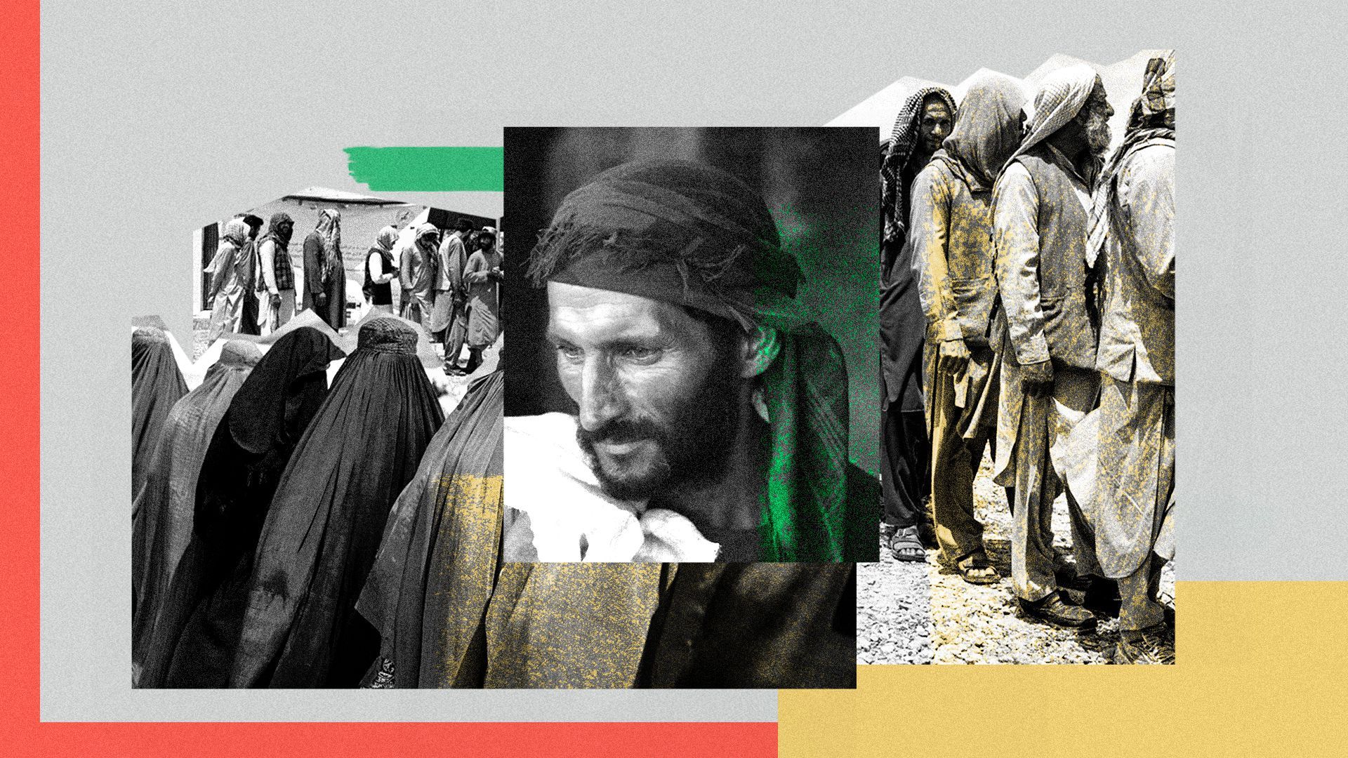 Photo illustration of displaced Afghani men and women refugees waiting in line, with an Afghani man in the cetner