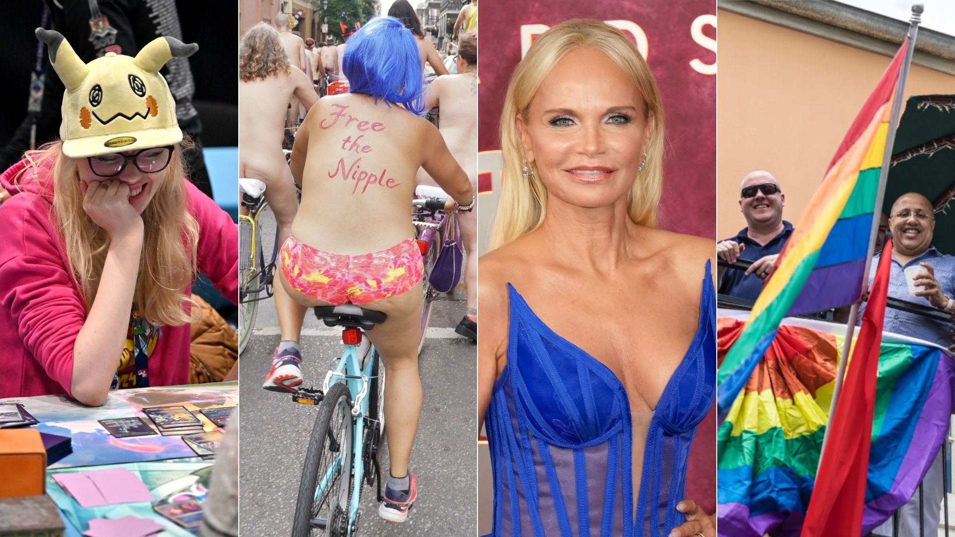 Image shows four images of people in a pokemon hat, riding a bike and a headshot of kristin chenoweth.