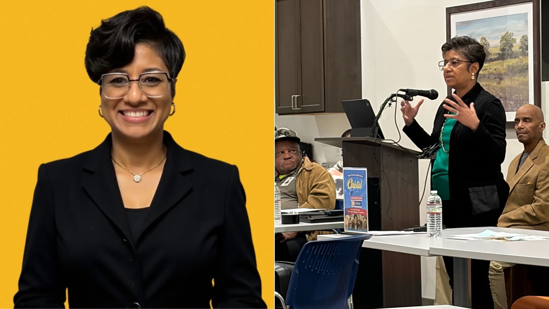 Split image: left shows a smiling woman with short black hair, glasses, and gold hoops in a black blazer against a bright yellow background. Right shows her at a podium speaking into a microphone in a meeting room.