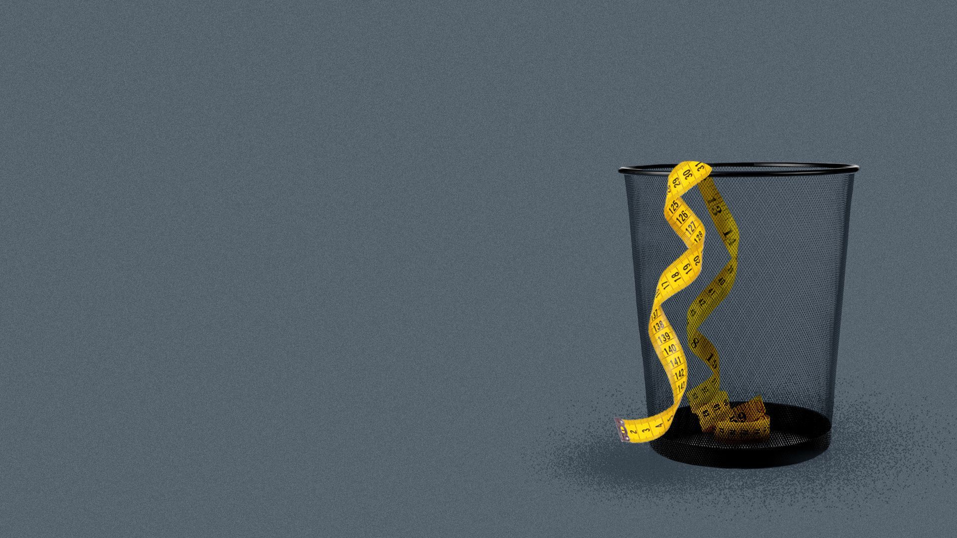 Illustration of measuring tape in a waste paper basket. 