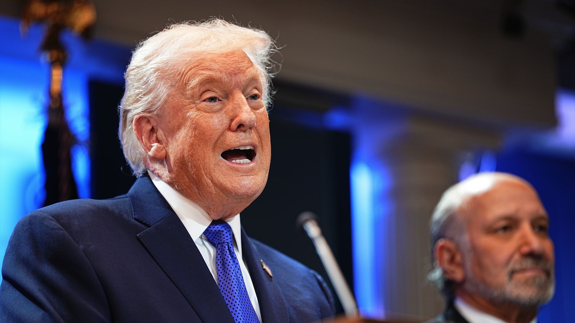 President Trump speaks at the White House affter the Supreme Court struck down his tariffs Feb. 20. 