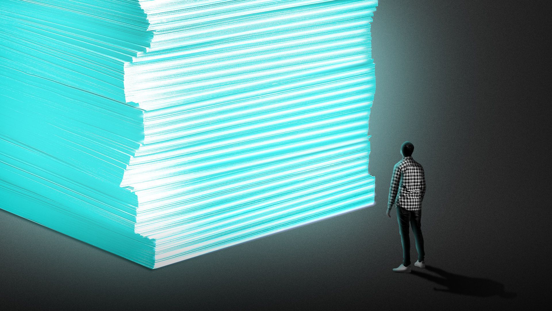 Illustration of a person looking up at a large stack of glowing legislative papers.