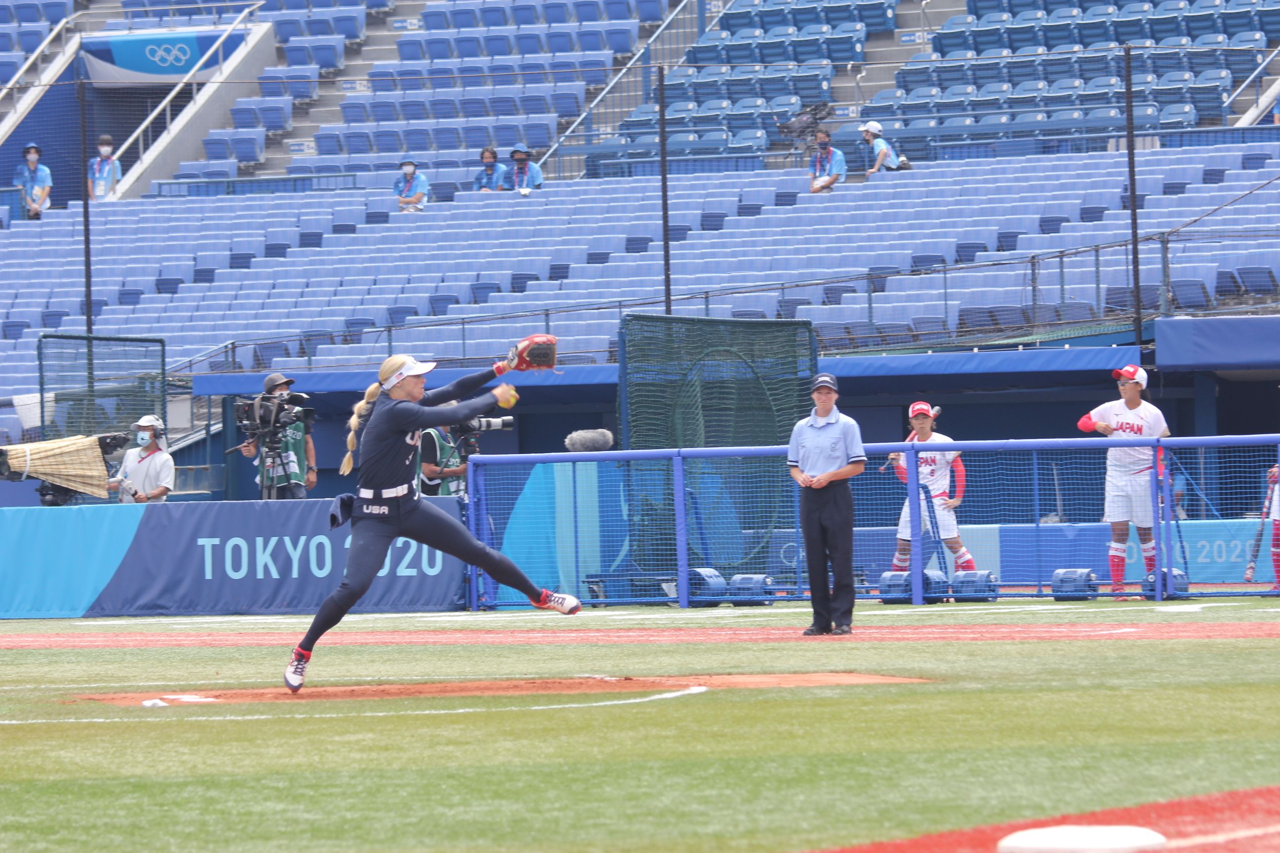 American pitcher Ally Carda as Team USA  takes on Japan at Yokohama Baseball Stadium in the final game of pool play on Monday.. 