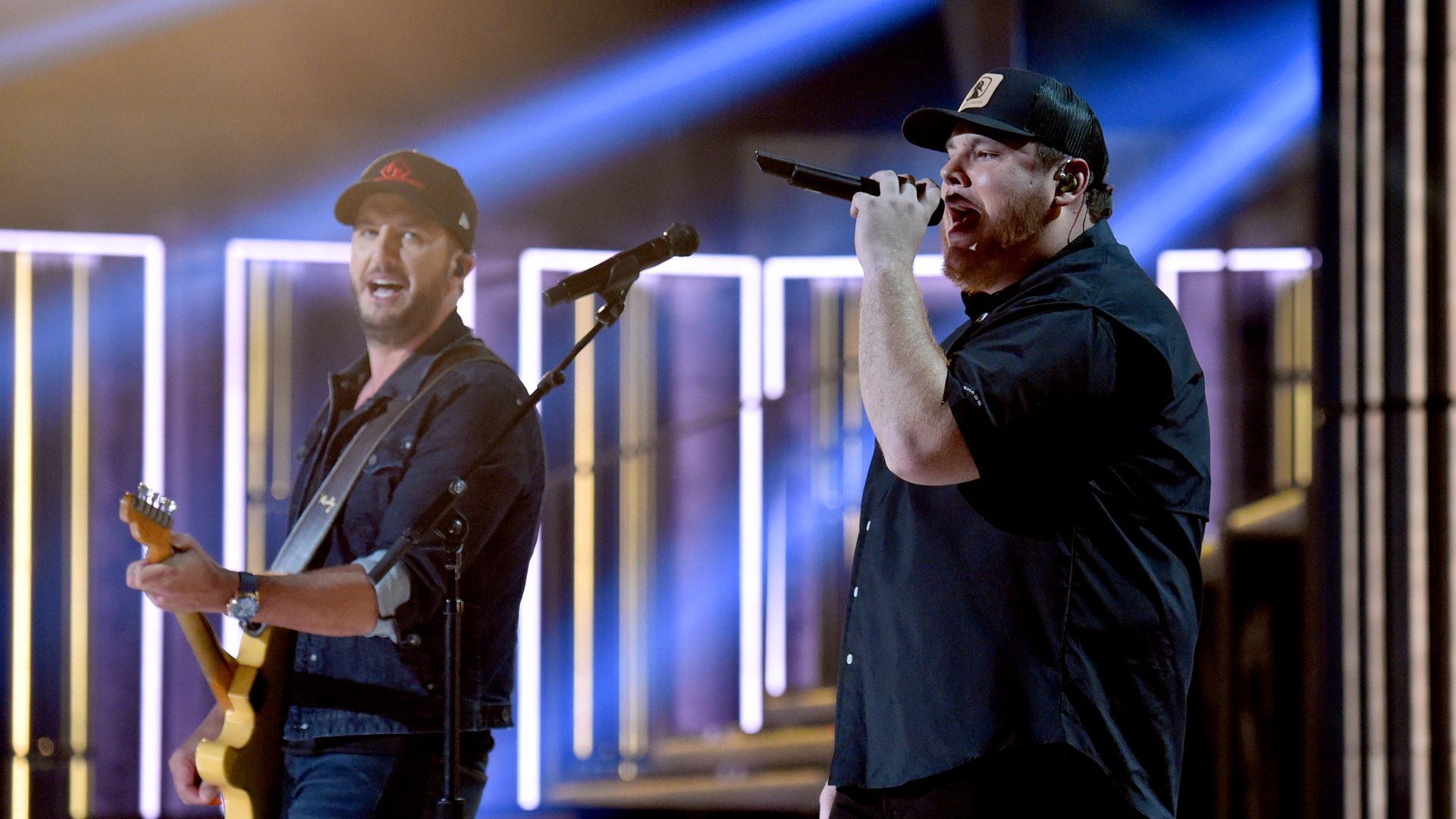 Luke Bryan and Luke Combs perform onstage during the 52nd annual CMA Awards at the Bridgestone Arena on November 14, 2018 in Nashville, Tennessee.