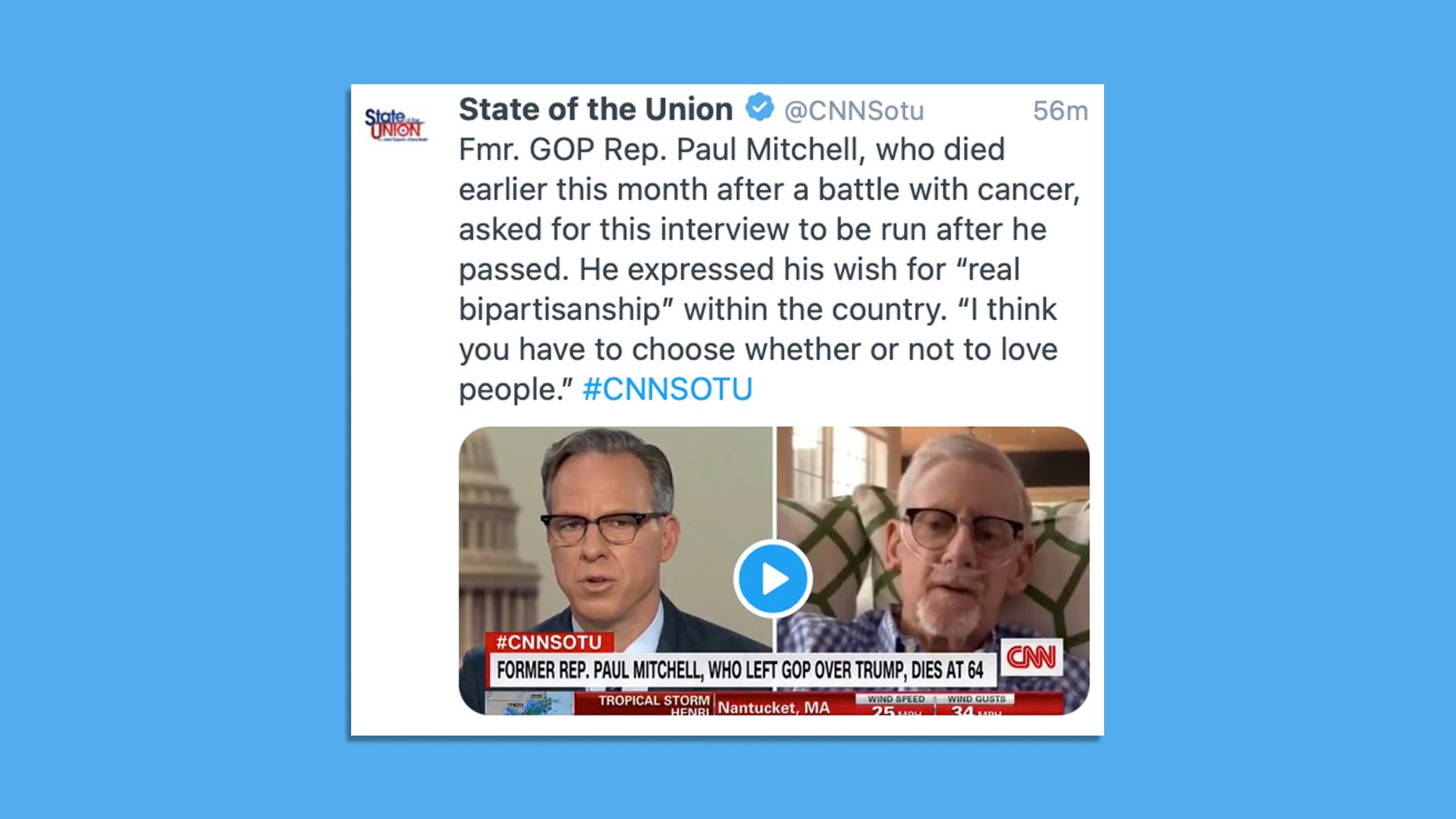 A screenshot shows CNN's Jake Tapper conducting an interview with the late Rep. Paul Mitchell.