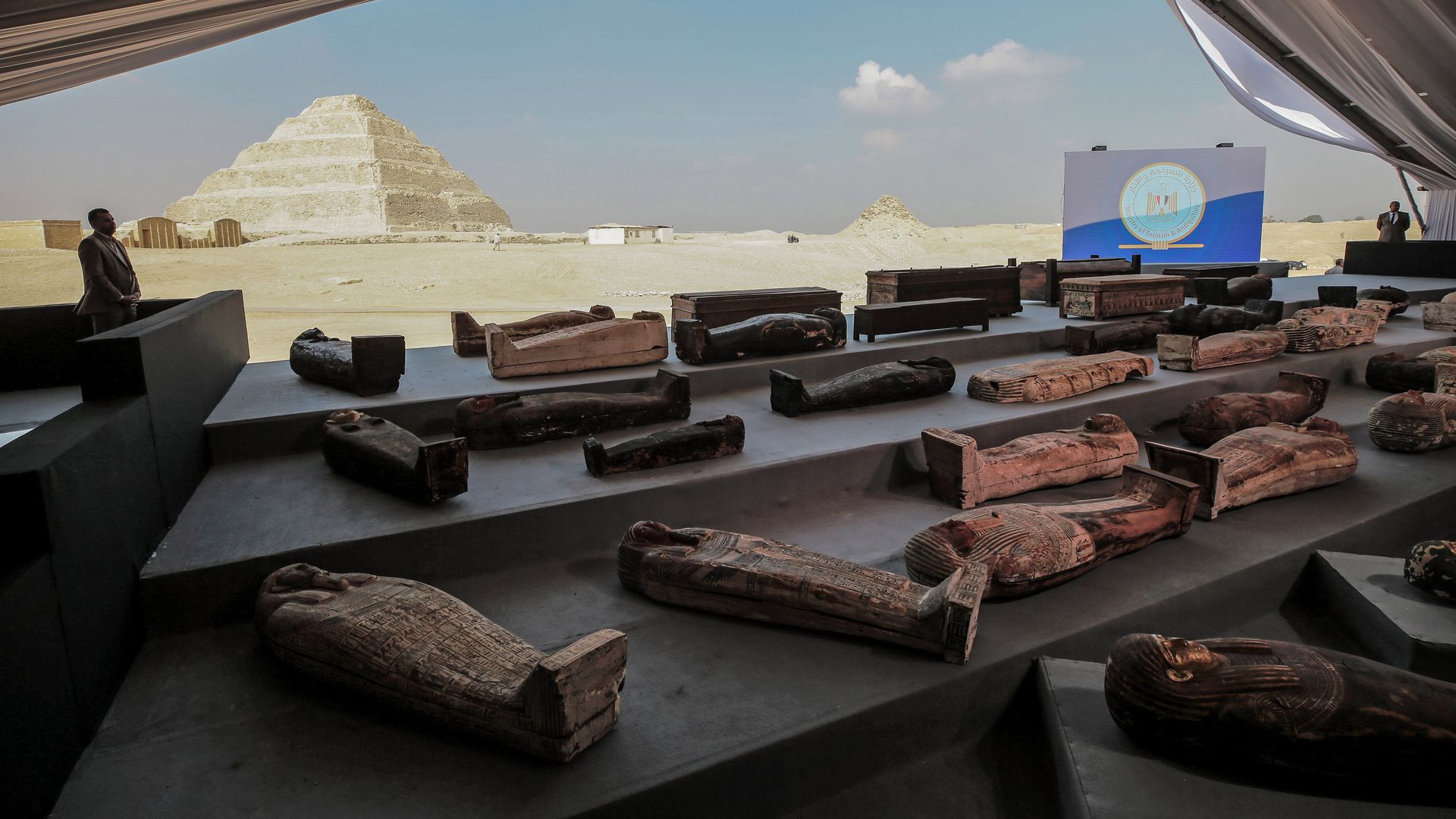 Ancient sarcophagi are displayed during a press conference at Saqqara, Egypt.