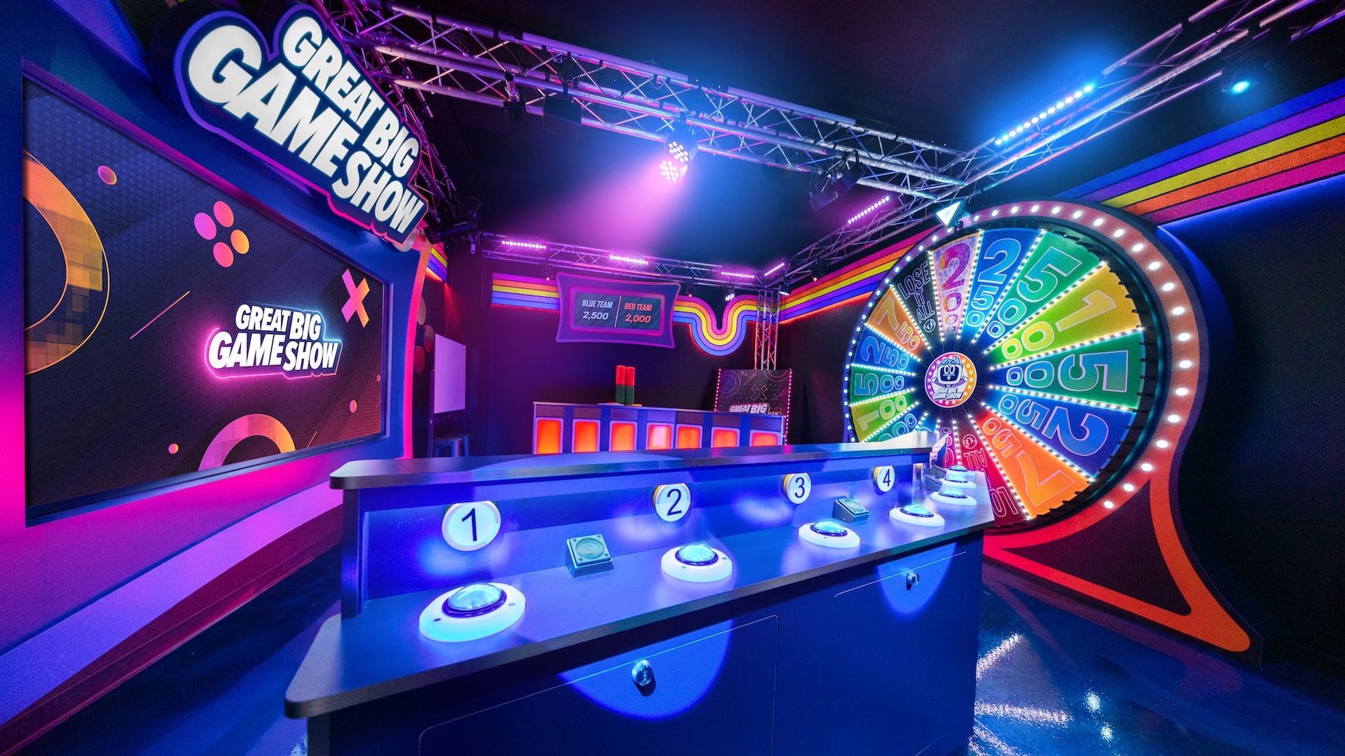 Colorful game-show studio with a large spinning prize wheel on the right, a neon-lit podium with four numbered stations in the foreground, and a bold sign reading "Great Big Game Show" on the left.