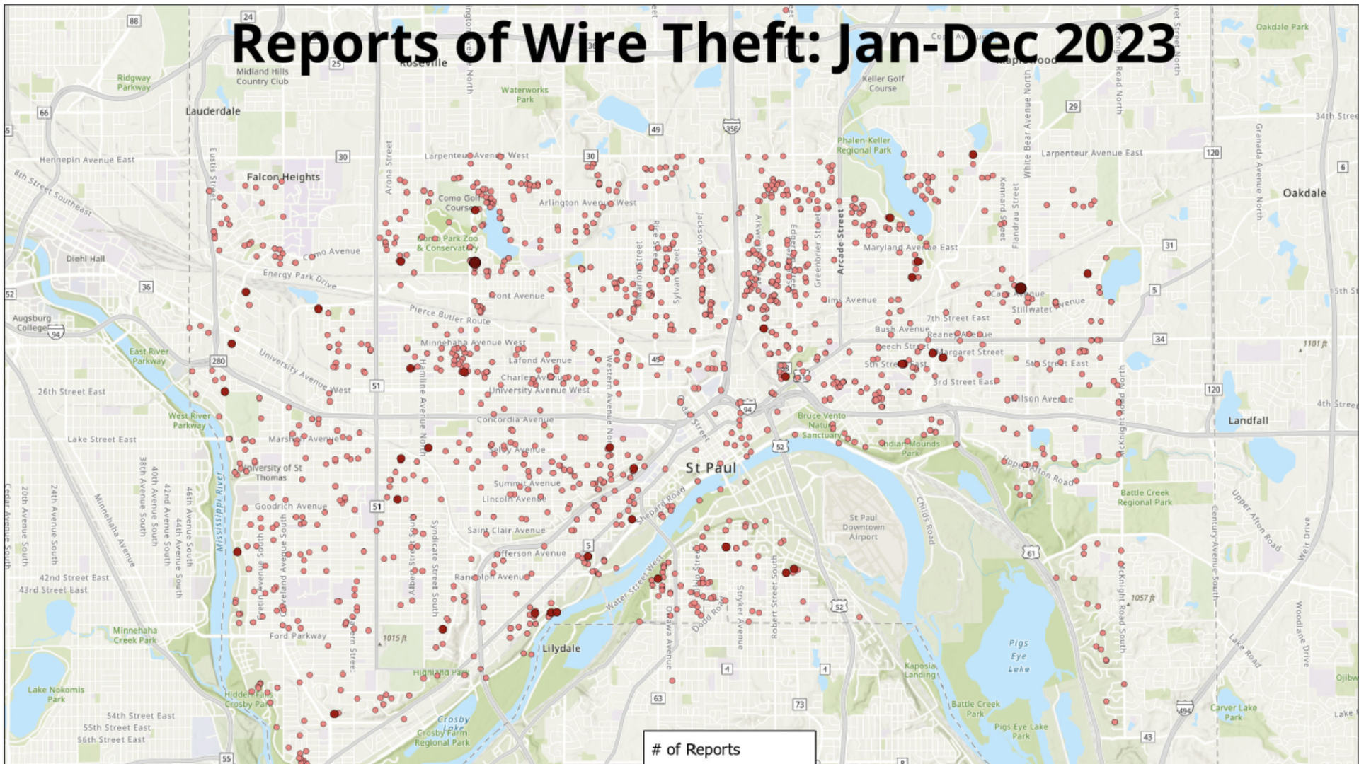 map of st paul with many red dots throughout showing reports of wire theft