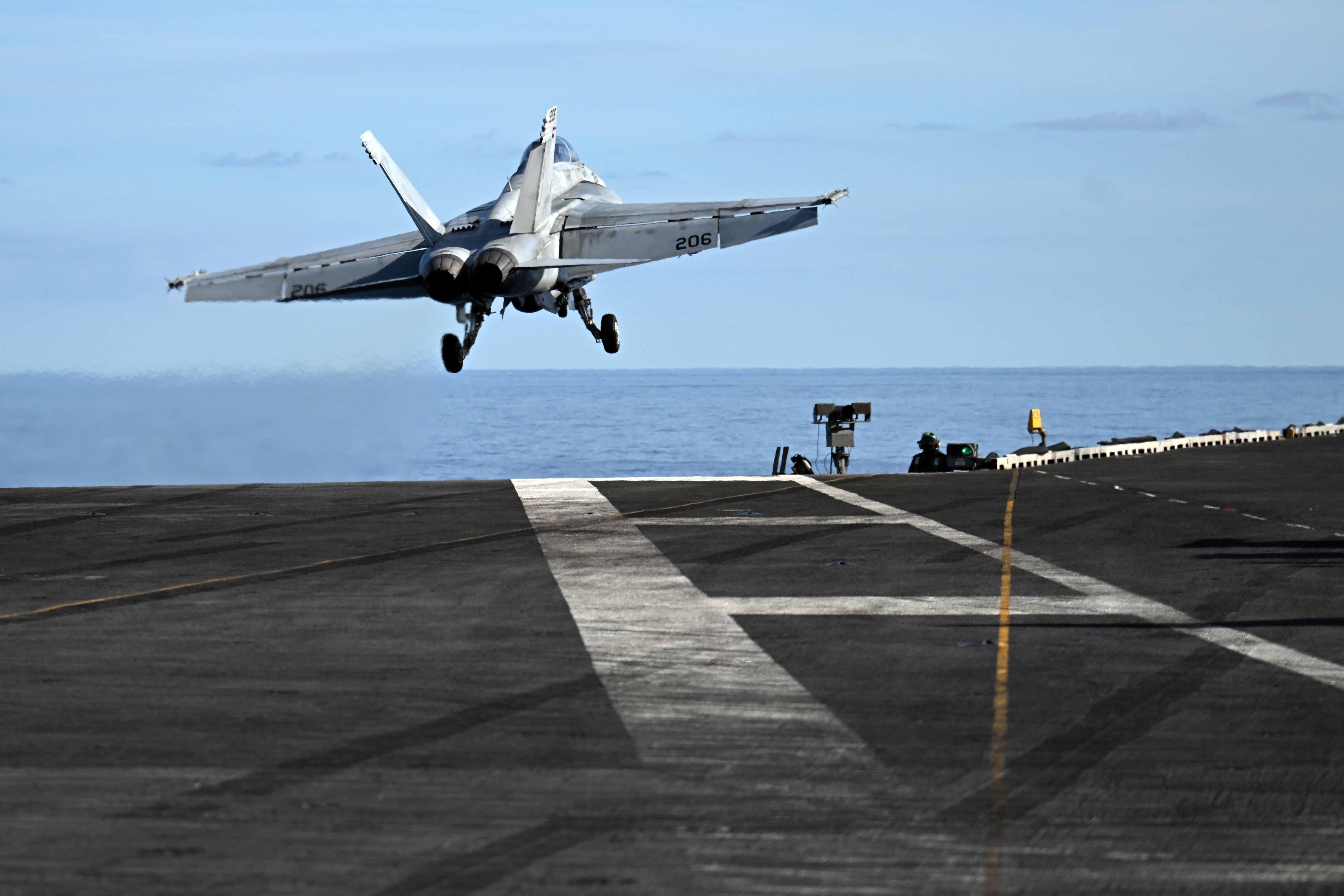 A fighter jet takes off from the aircraft carrier USS Gerald R. Ford. NATO naval forces are demonstrating their deterrence and defense capabilities amid increasing tensions with Russia. The largest US aircraft carrier USS Gerald R. Ford, which was in the North Sea off the coast of Scandinavia with