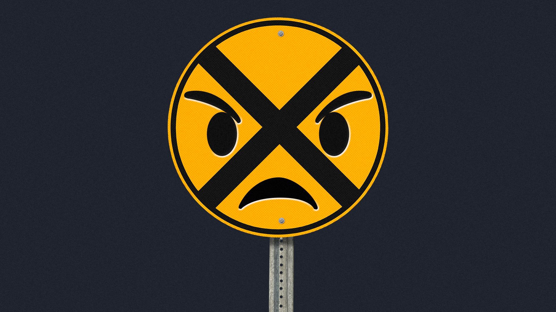 Illustration of an angry emoji on a railroad crossing sign.