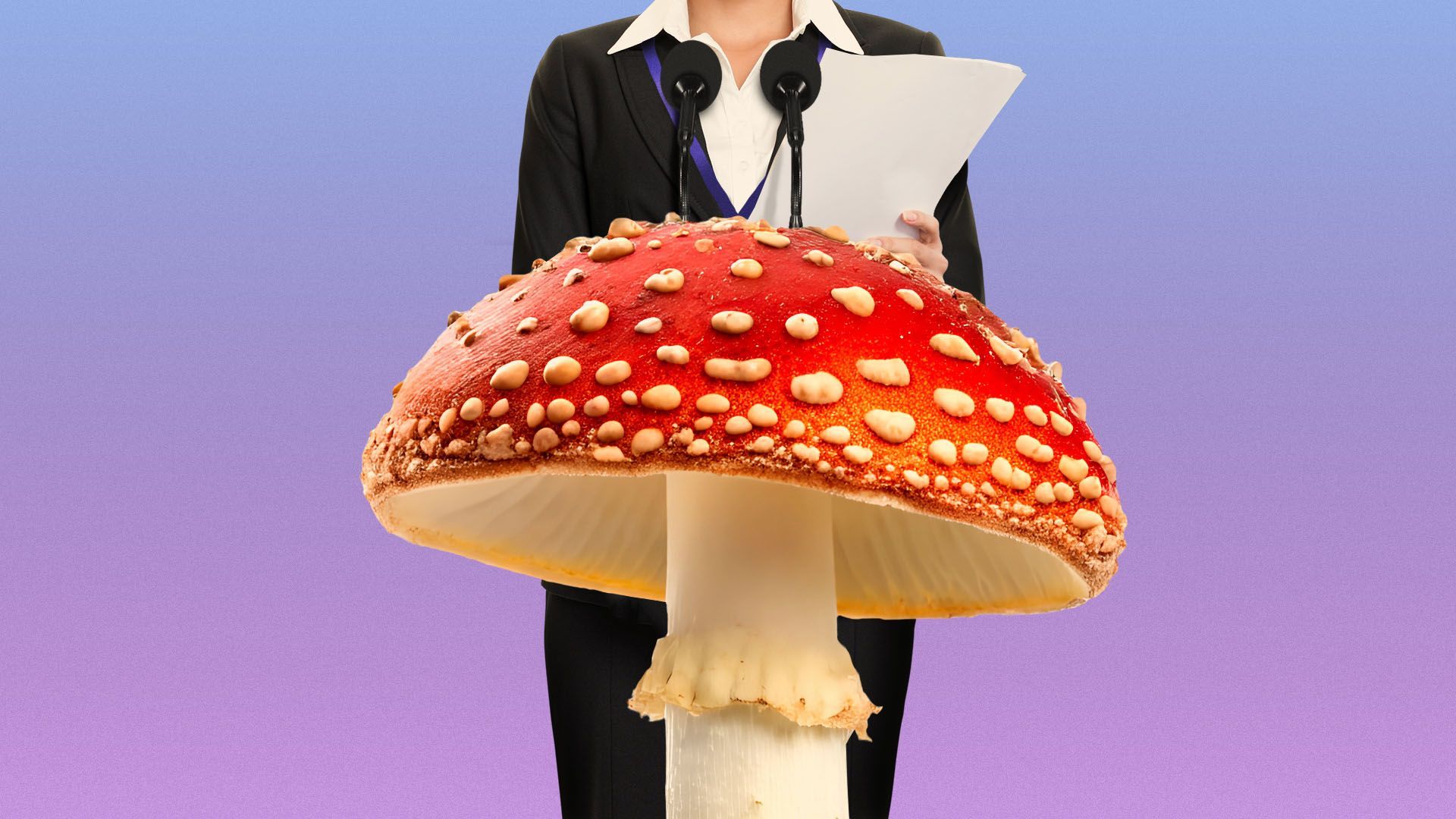 Illustration of a woman at a giant mushroom podium