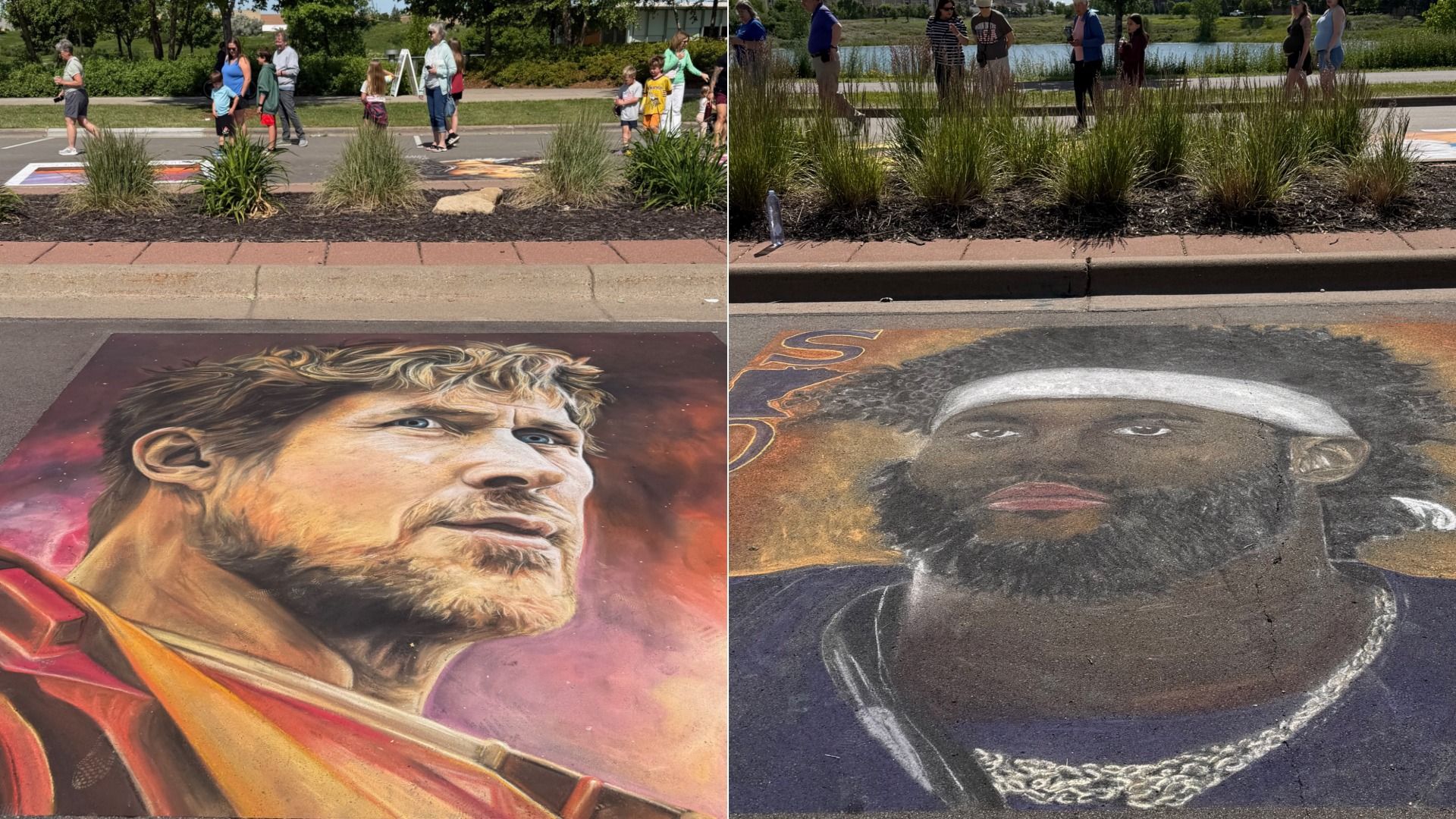 Two pavement murals: left shows a blond, bearded man; right shows a bearded man with a white headband. In background, people walk past landscaped planting beds and a lake.