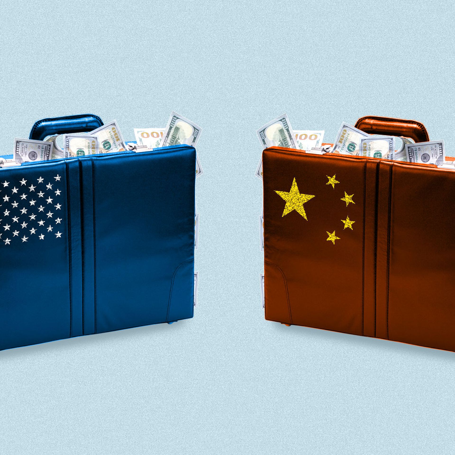 Two suitcases stuffed with cash, with the U.S. and Chinese flags on them