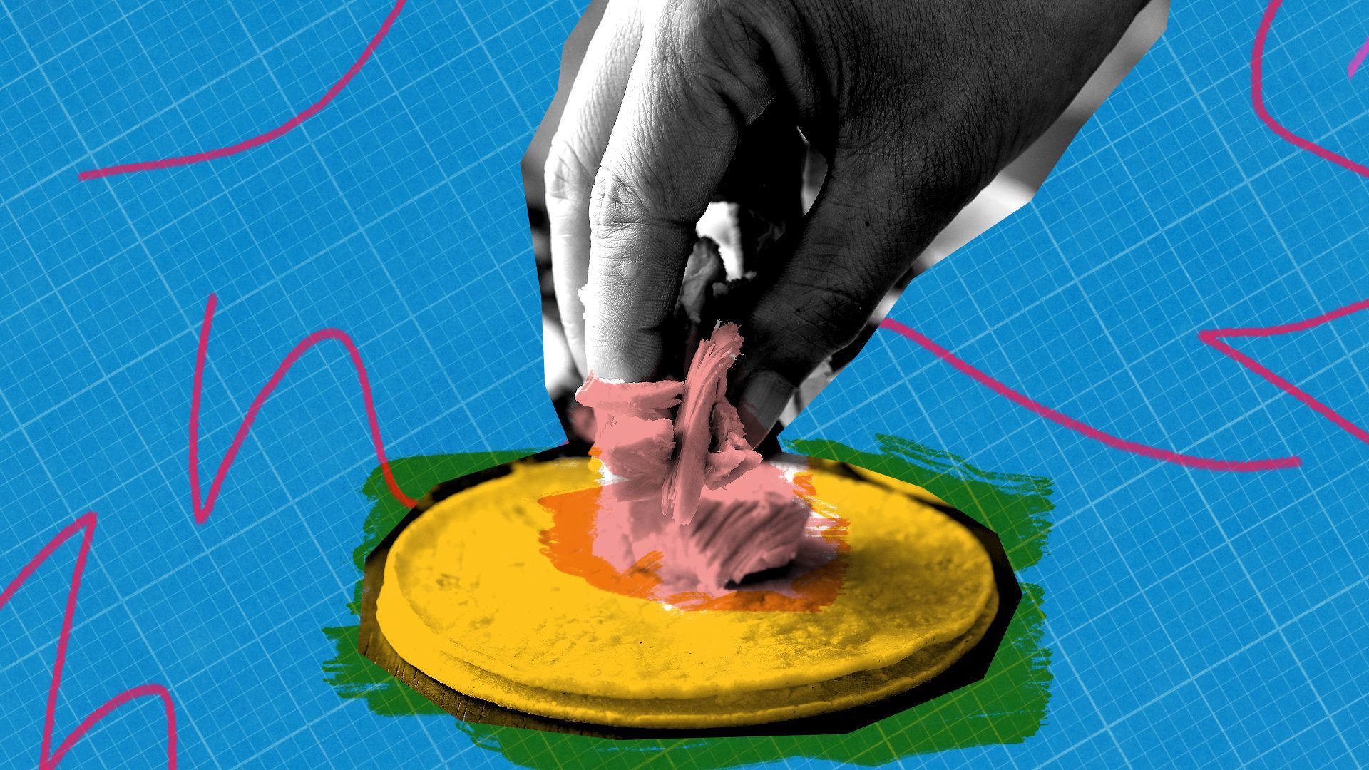 Illustration of a hand constructing a taco. 