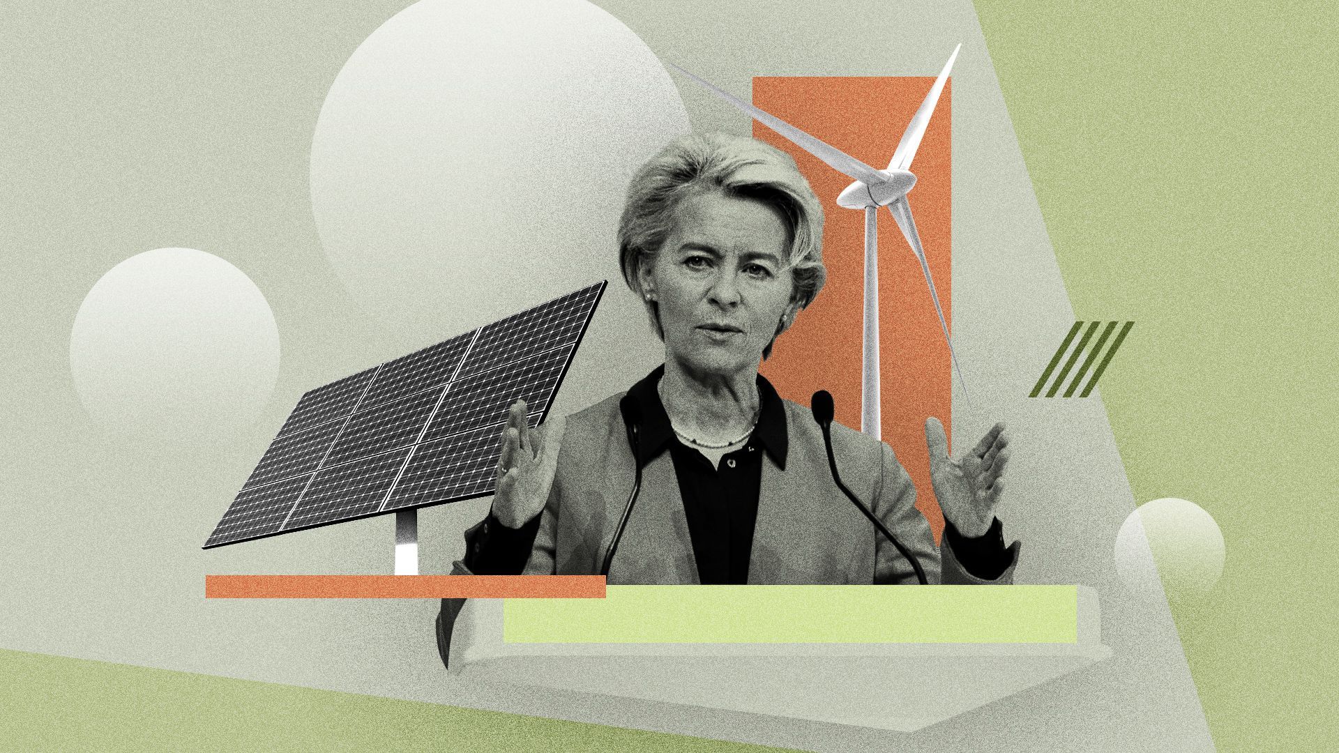 Photo illustration of Ursula Von der Leyen with a solar panel, wind turbine, and abstract shapes