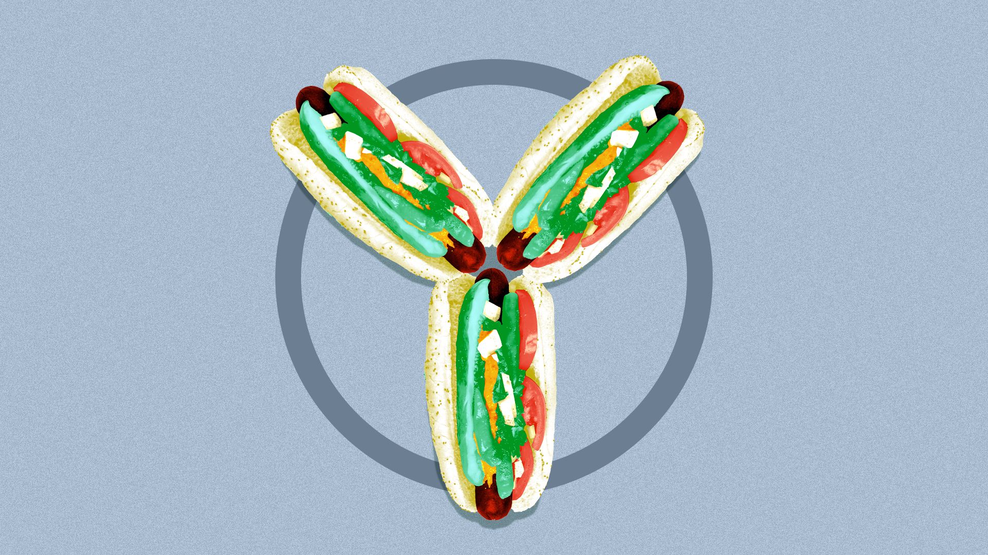 An illustration of hot dogs in the shape of a peace sign. 