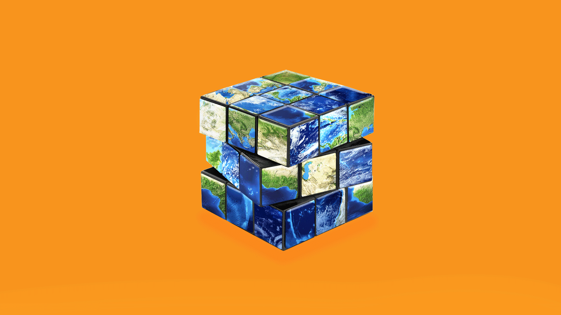 An illustration of a rubix cube with a globe print