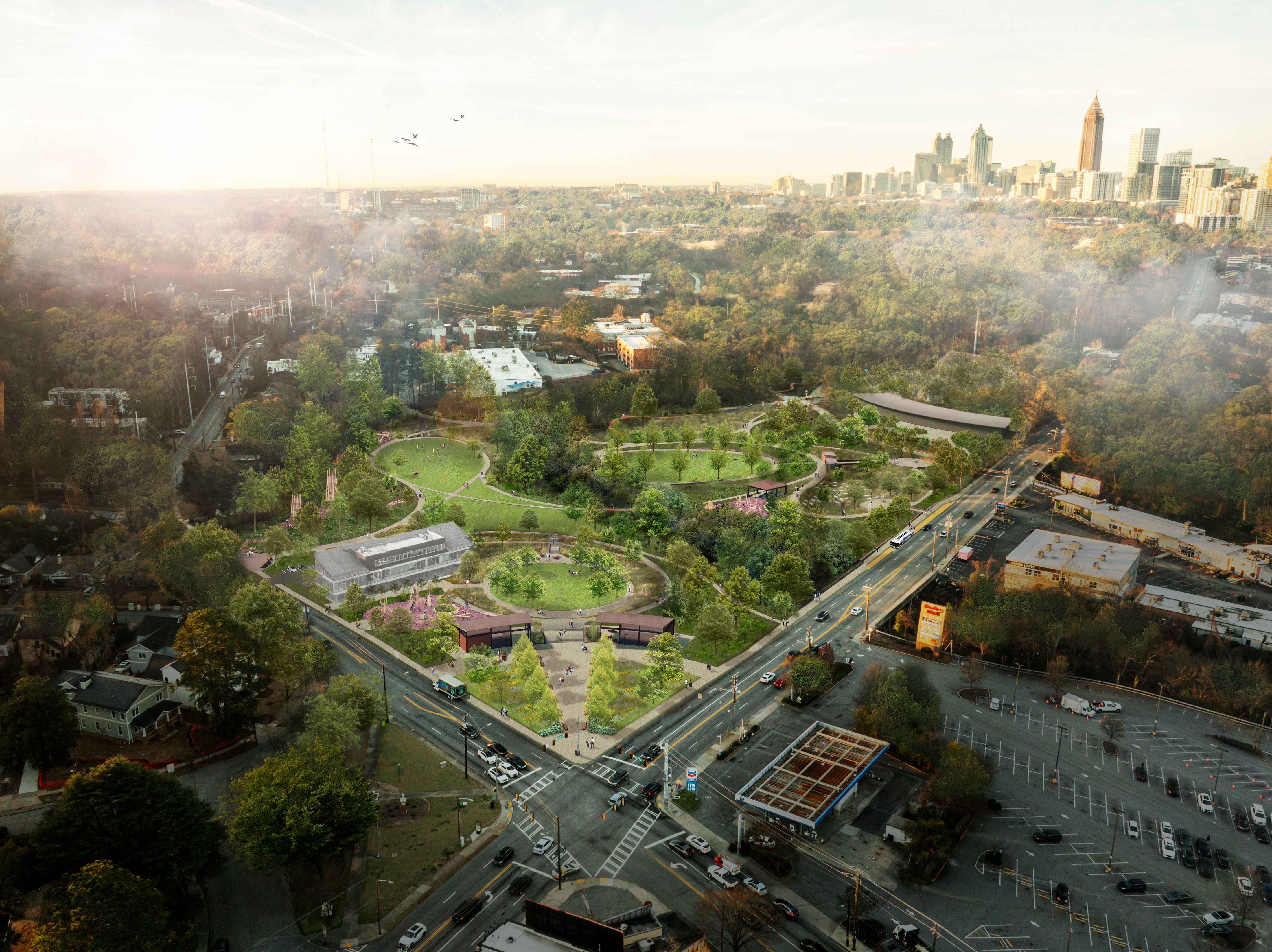 A rendering showing proposed improvements at Piedmont Park's planned expansion to Monroe Drive and Piedmont Avenue.