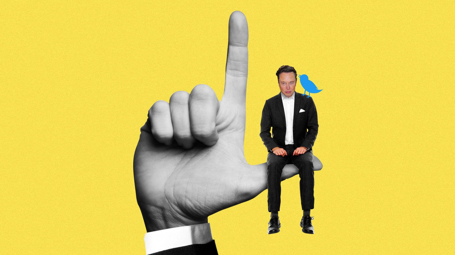 Photo illustration of a hand making an "L" symbol, with Elon Musk sitting on the thumb, and a Twitter bird sitting on Elon's shoulder.