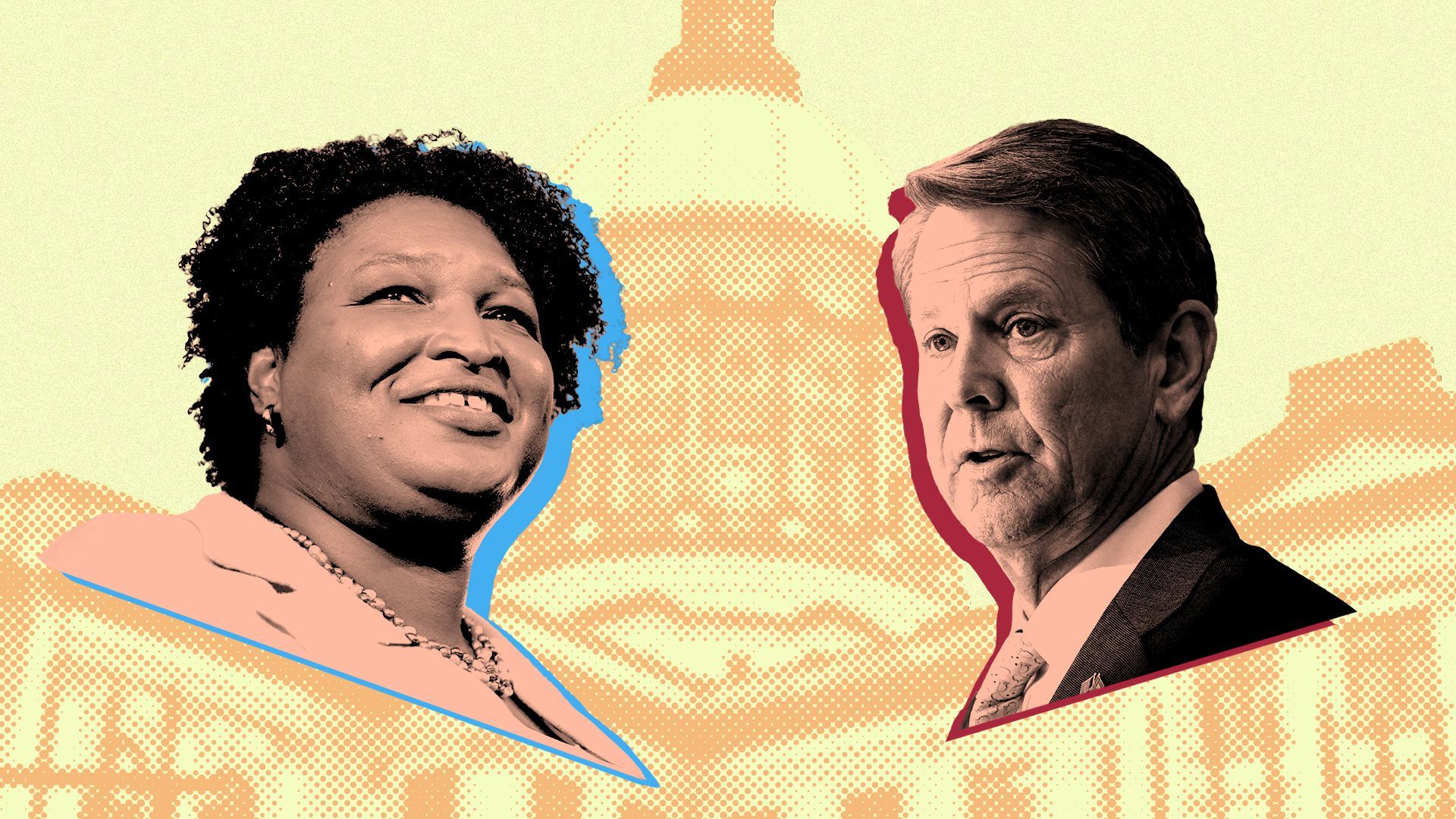 Photo illustration of a collage of Stacey Abrams and Brian Kemp over the Georgia State capitol.