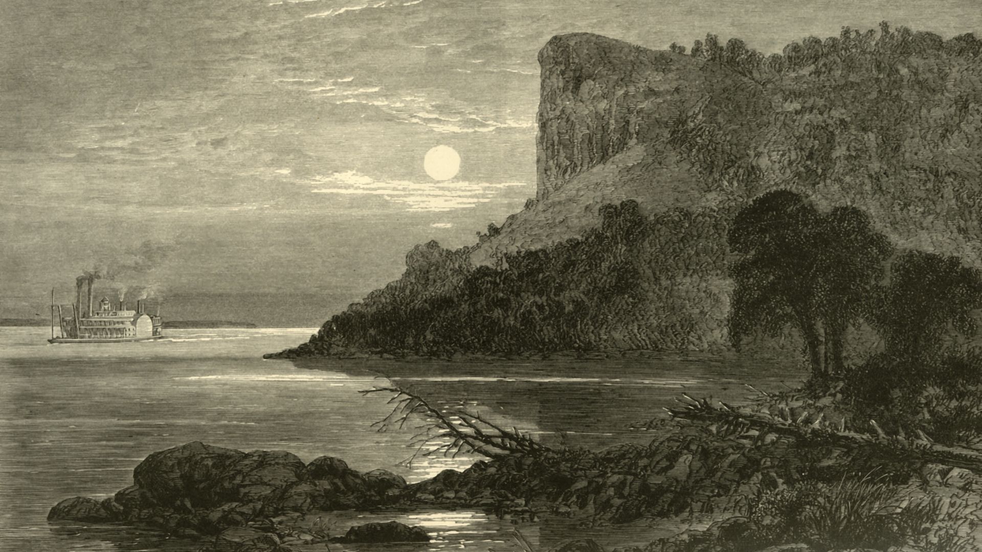 Sepia engraving of a coastal landscape: a towering rocky cliff with trees on the right, calm sea on the left, a large steamship near shore, and the sun low on the horizon.