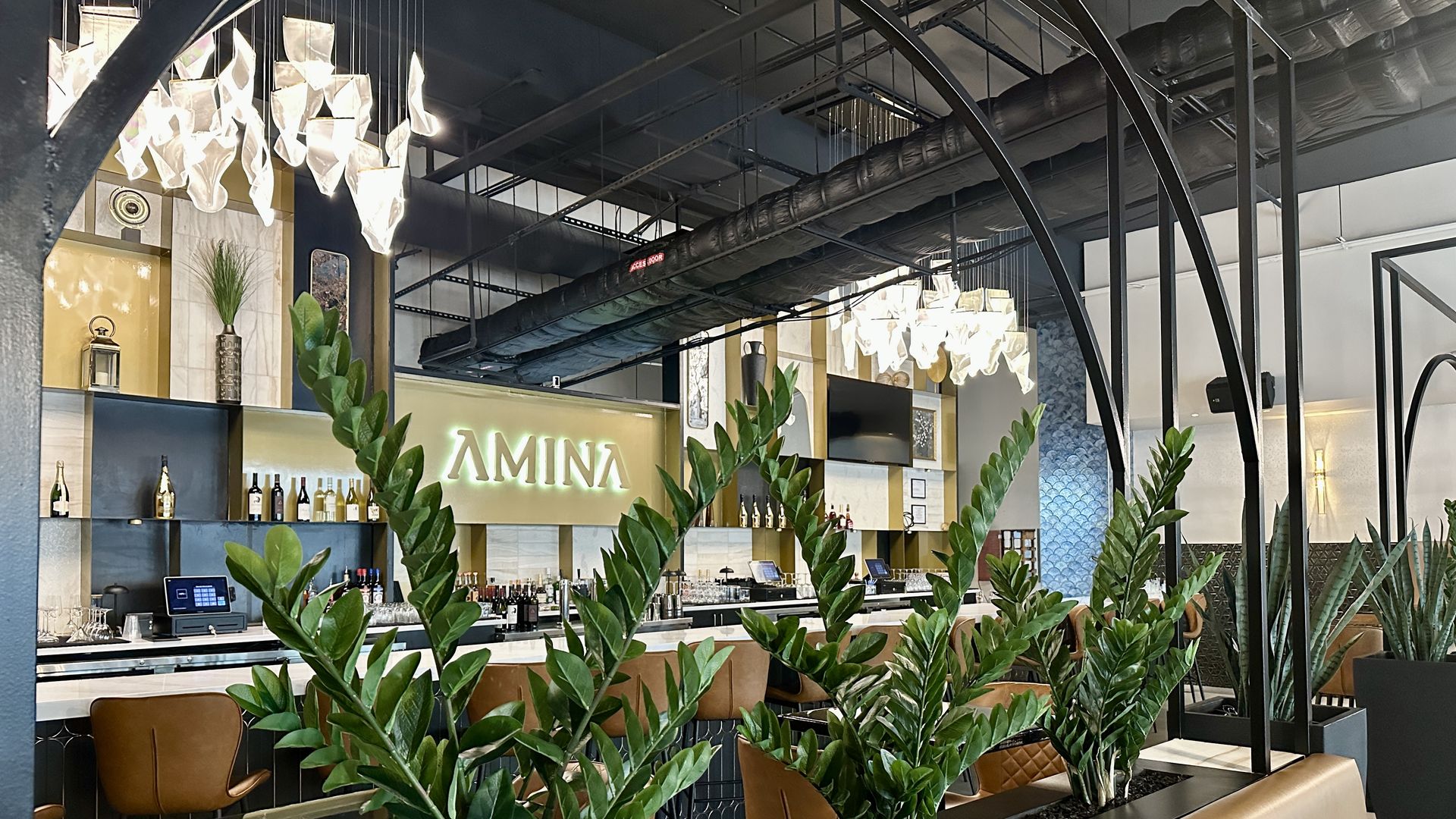 Bar interior with a long counter, brown leather stools, and tall green plants in planters. A neon "AMINA" sign glows behind bottles; white chandeliers and black metal arches hover above.
