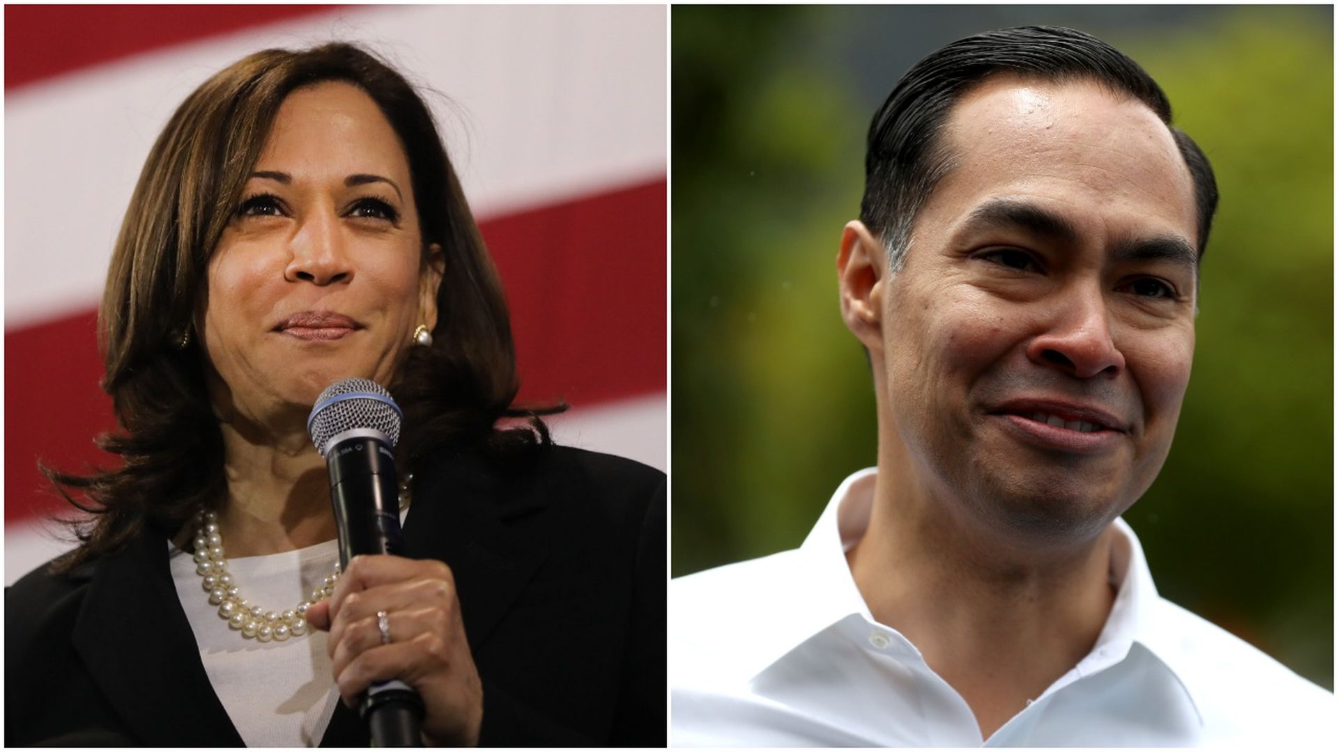This image is a two-way split screen between Kamala Harris and Julian Castro.