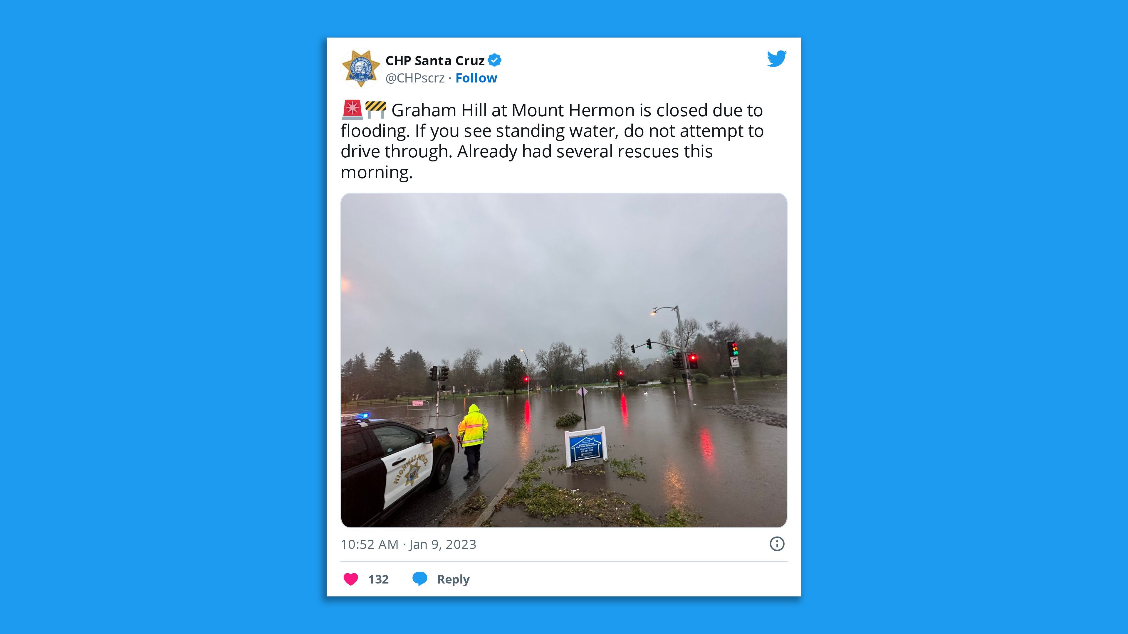 A screenshot of a CHP Santa Cruz tweet stating "Graham Hill astatine  Mount Hermon is closed owed  to flooding."