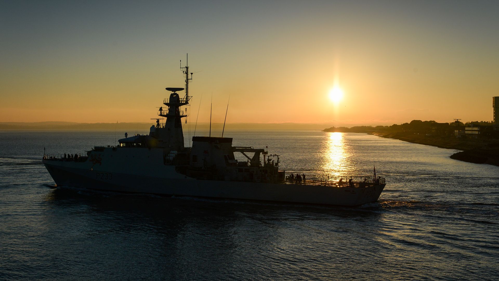 HMS Tamar leaves Portsmouth on December 31, 2020 in Portsmouth, England.