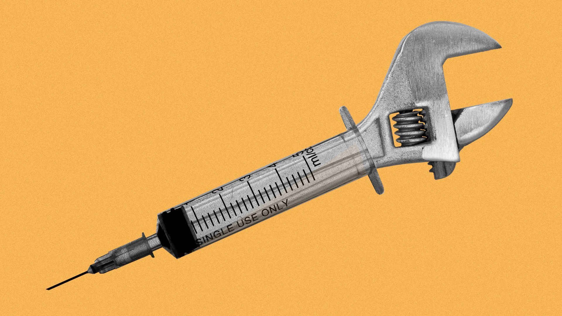 Illustration of a syringe with a wrench at the end