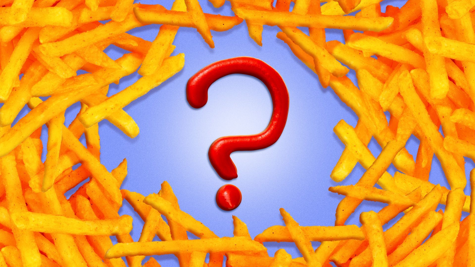 Illustration of a question mark made out of ketchup surrounded by french fries