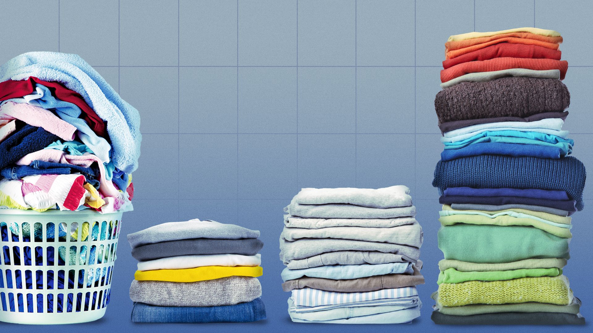 Illustration of a bar chart made of stacks of folded laundry next to a basket of dirty clothes.]