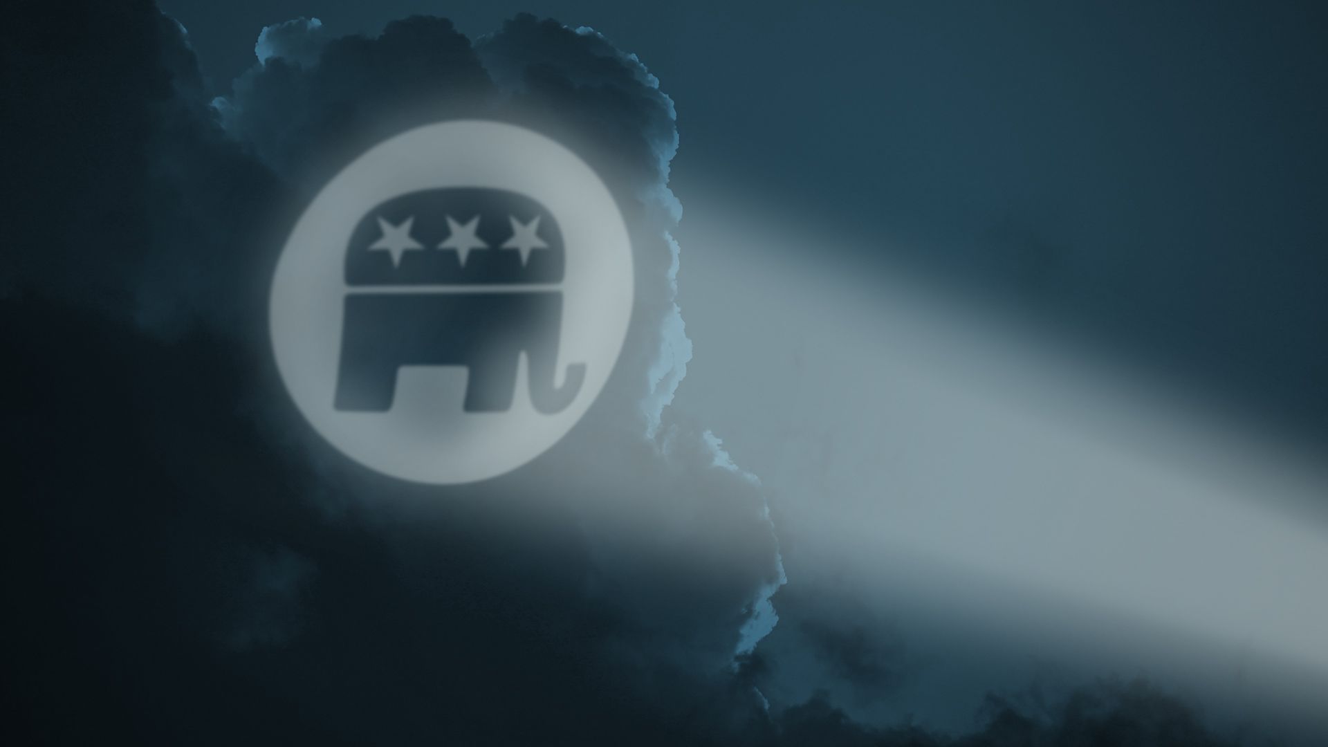 Illustration of dark clouds with a spotlight like a batsignal shining on them, with the Republican elephant logo in it.
