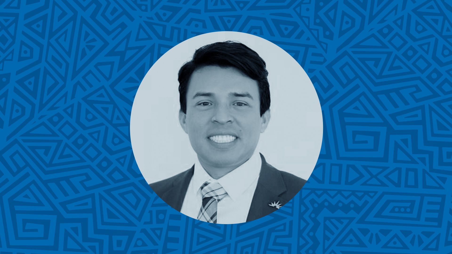 Photo illustration of Jeffrey Baldwin in a circular frame surrounded by a patterned background.