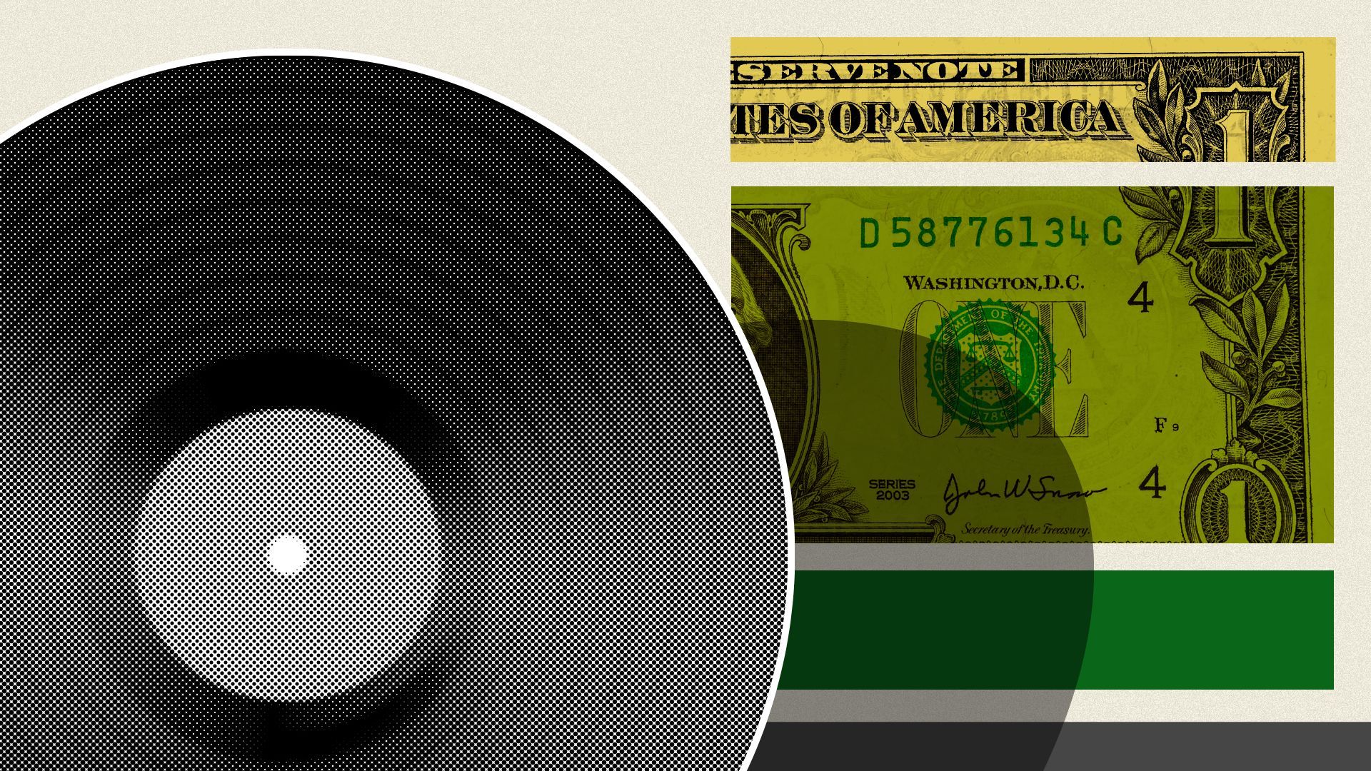Illustration of a music record in front of dollar bills and graphic shapes