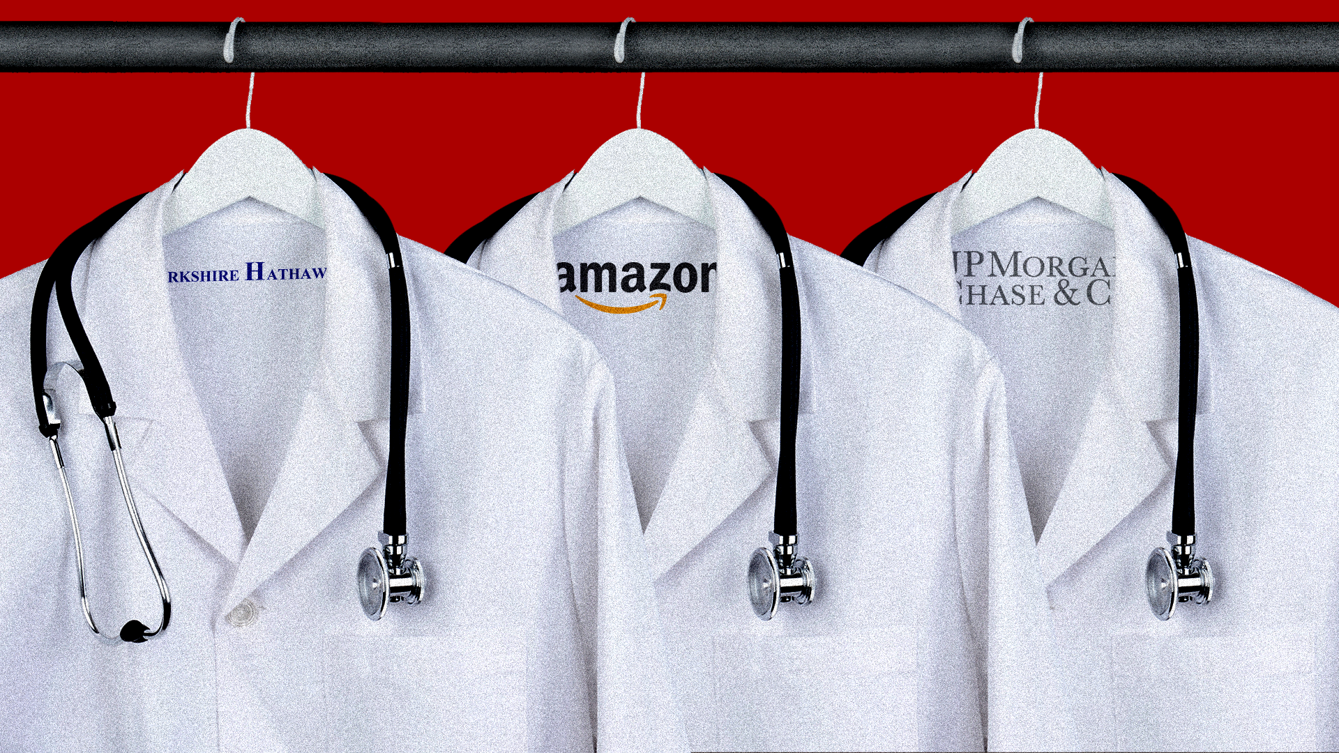 Doctors' coats with Amazon, Berkshire Hathaway and JP Morgan Chase logos