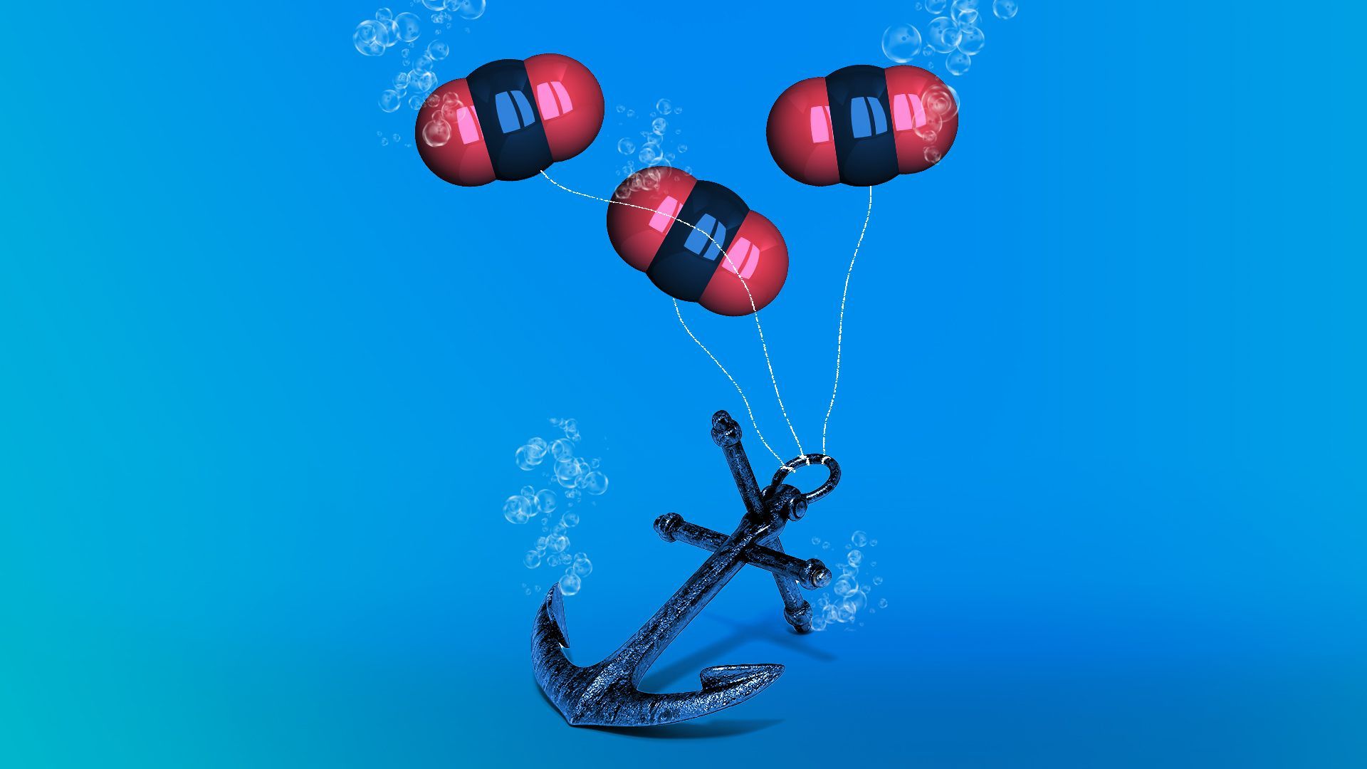 Illustration of an anchor holding three carbon dioxide molecules underwater.