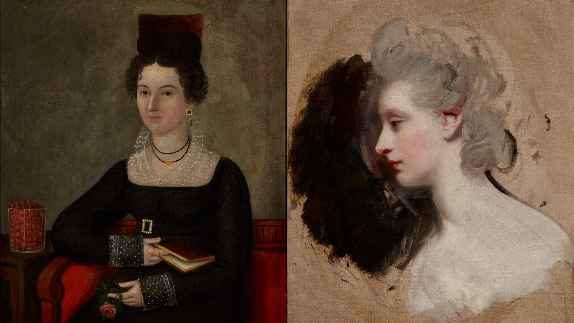 Diptych of two portraits: left shows a seated 18th-century woman in a black dress, pearls, red hat, holding a book; right, a pale, softly painted profile of a woman with light hair.