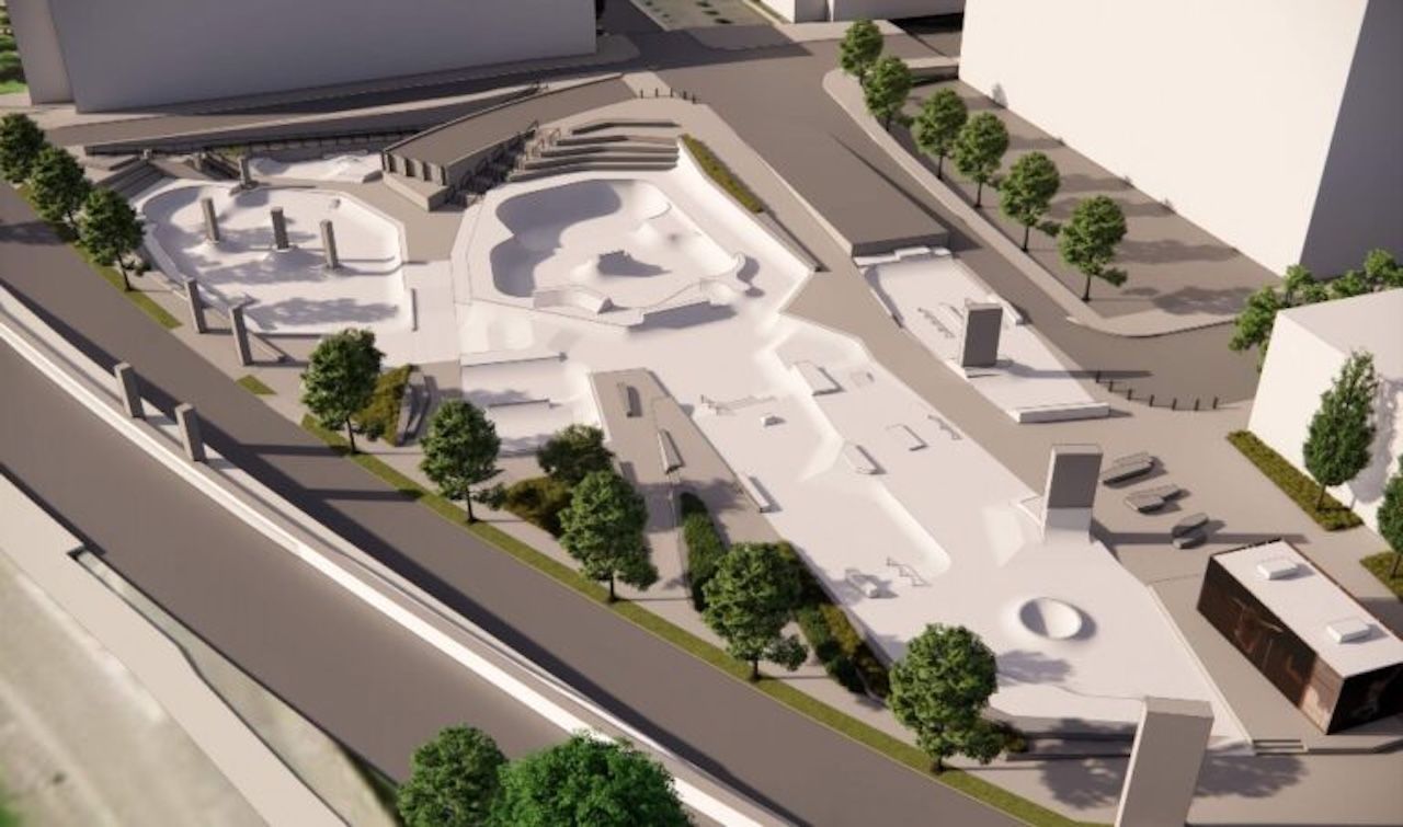 3D architectural rendering of an urban public plaza with interconnected skate bowls, ramps, stairs, and curved concrete features, lined with trees and walkways.