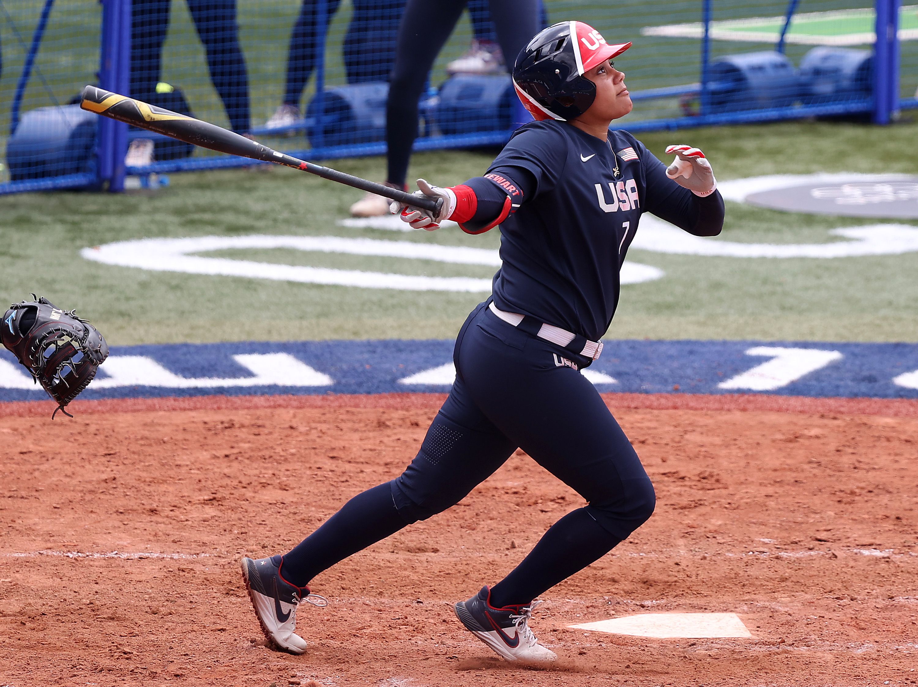 Kelsey Stewart #7 of the U.S. hits a walk-off home run to win the game 2-1 in the seventh inning against Team Japan during softball opening round on day three of the Tokyo 2020 Olympic Games