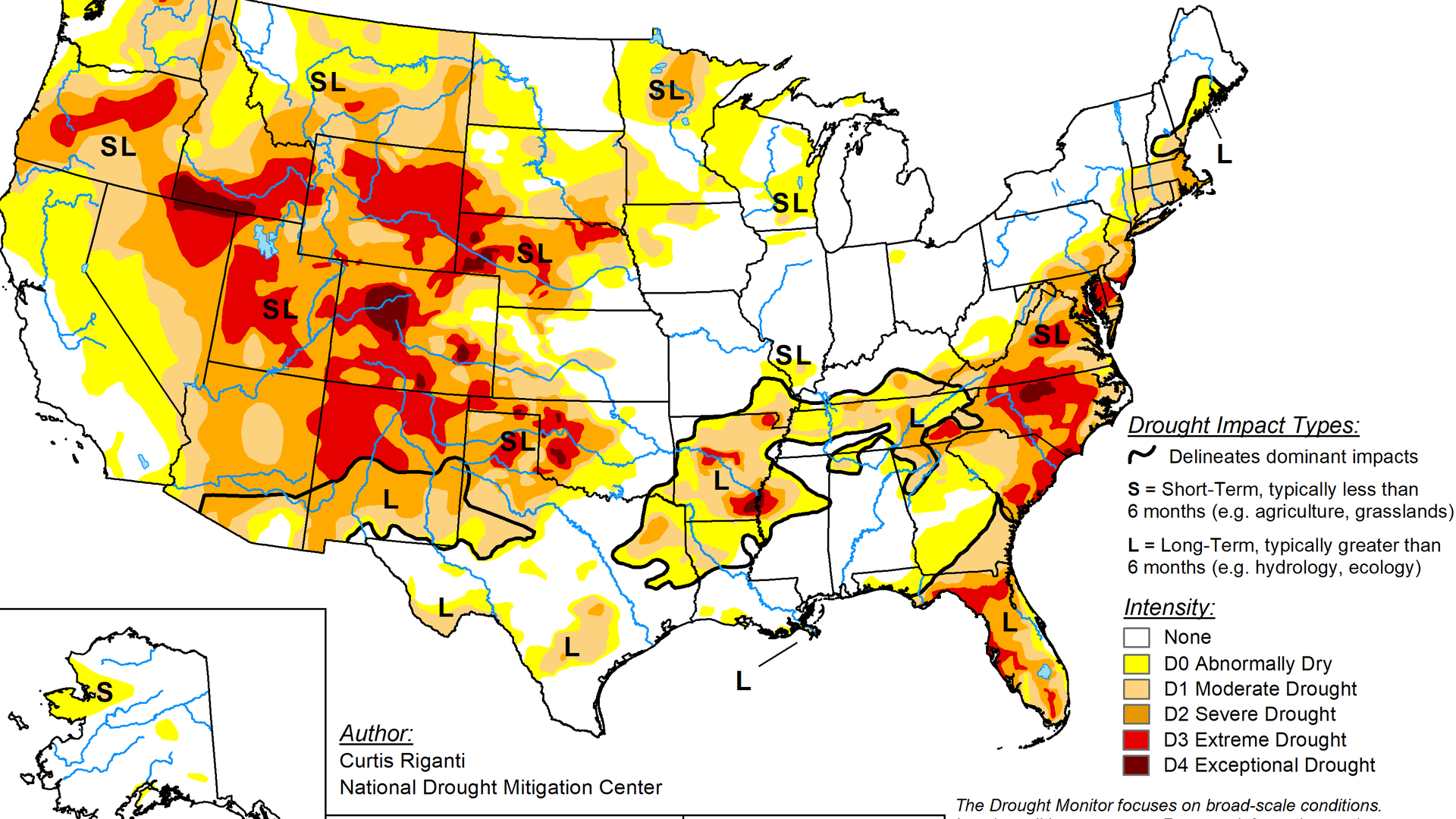 A map of the continental U.S. and Alaska showing drought conditions based on a yellow, orange and red gradient scale, with a large swath of the country experiencing drought, especially in the West and Southeast.