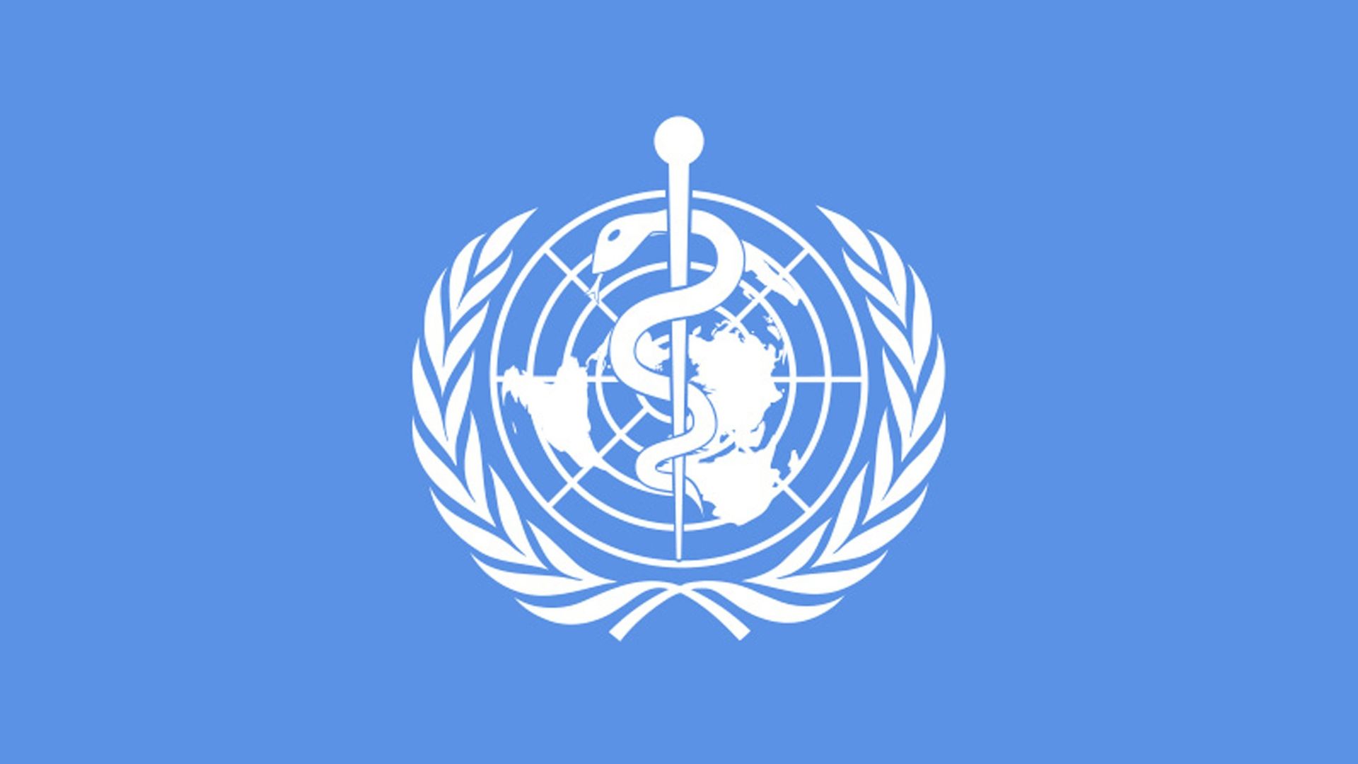 The white logo of the World Health Organization on an azure background.